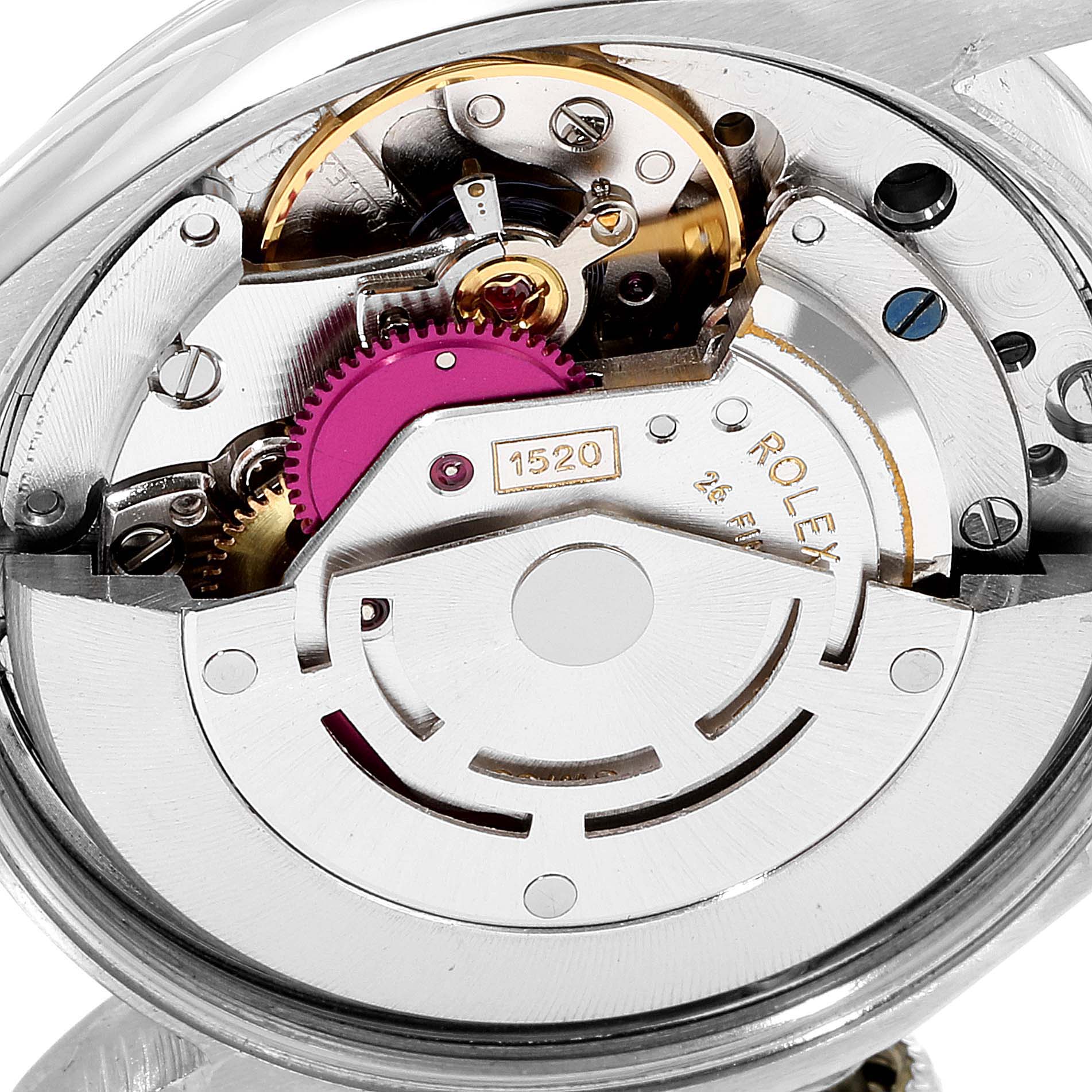 The image shows the internal mechanism and movement components of a Rolex Vintage Collection 5500 Men's Stainless Steel Blue Dial 5500 Men's Stainless Steel Blue Dial watch model 1520, viewed from the back.