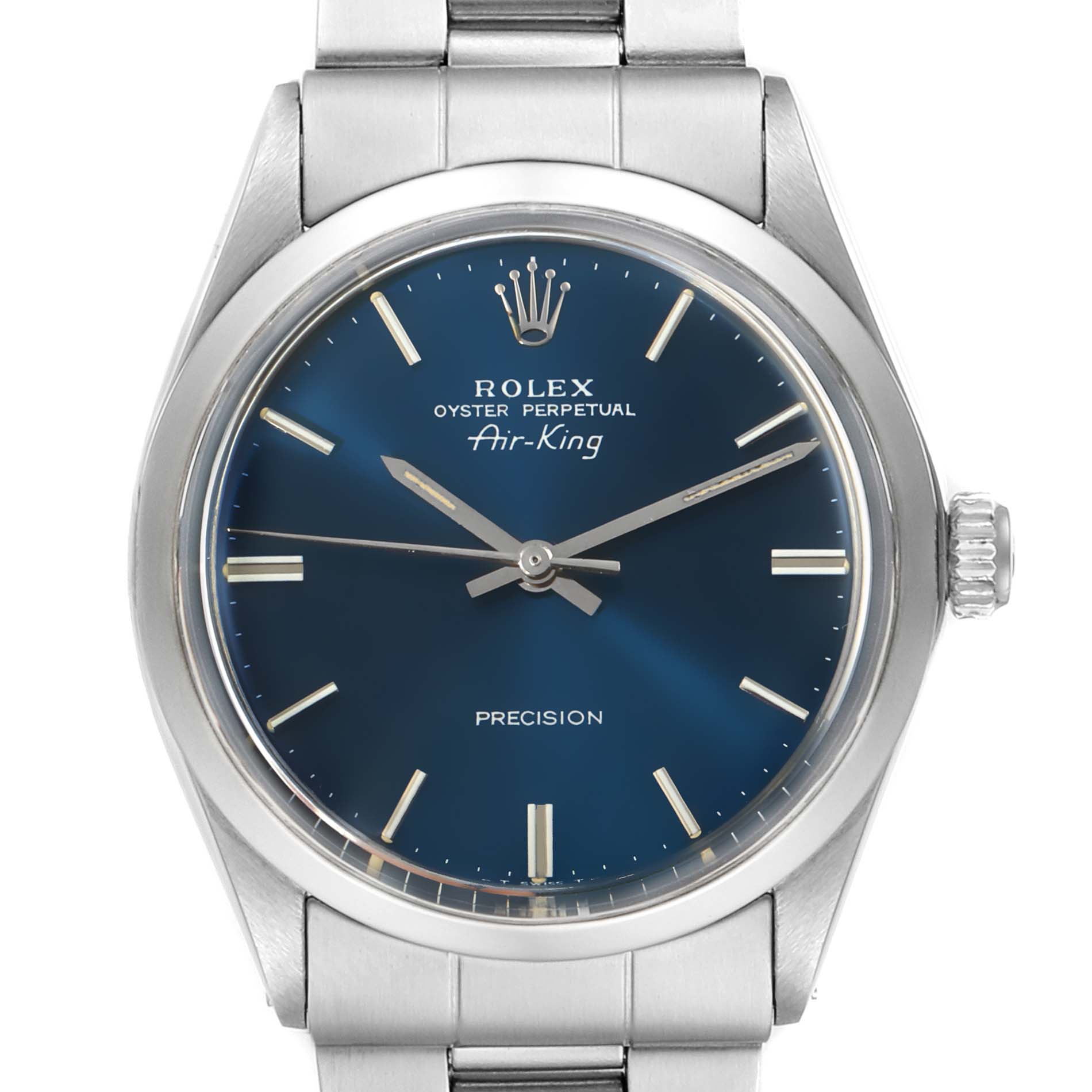 This image shows a frontal view of the Rolex Vintage Collection 5500 Men's Stainless Steel Blue Dial 5500 Men's Stainless Steel Blue Dial Air-King watch, highlighting the dial, hands, and bracelet.