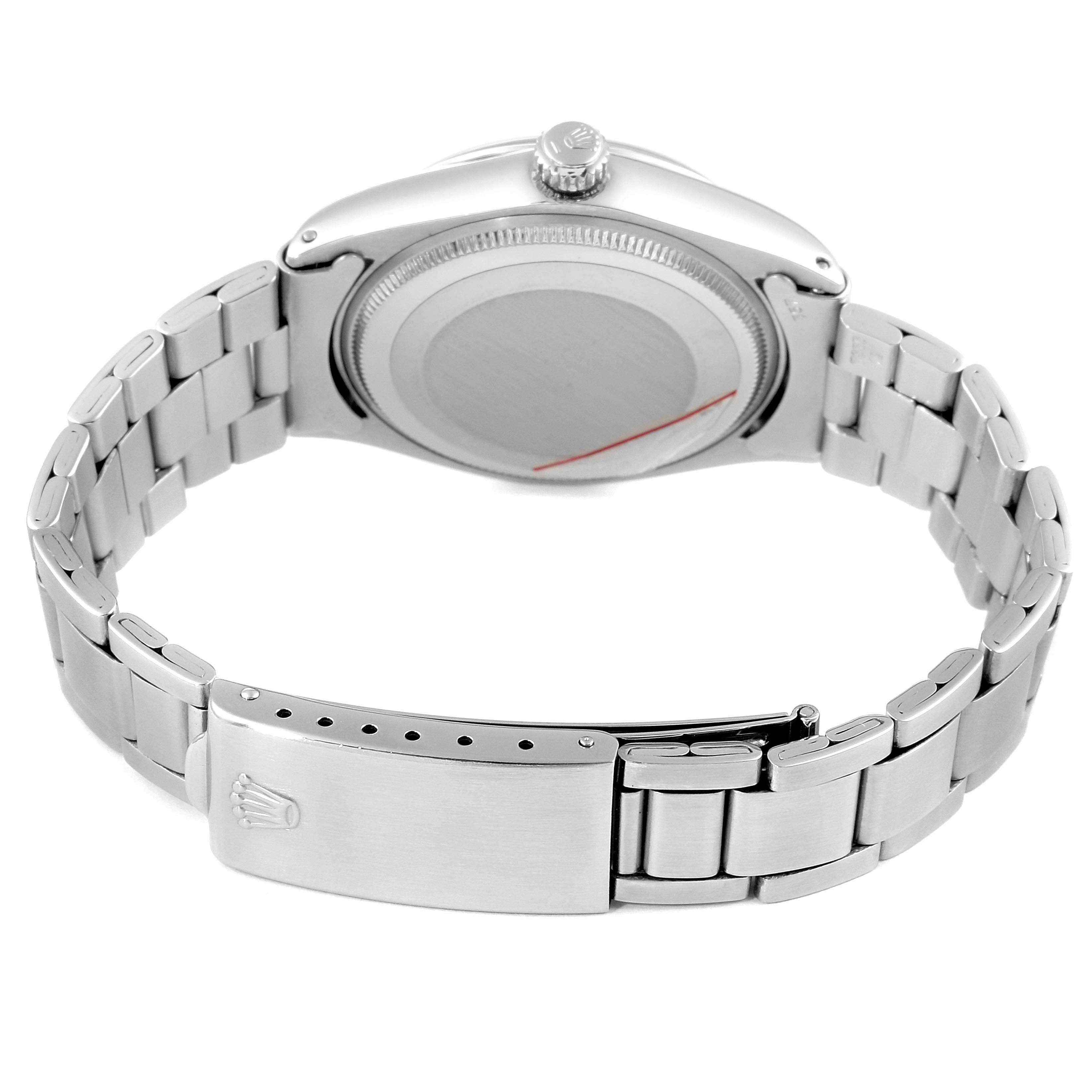 This image shows the back case and metal bracelet of a Rolex Vintage Collection 5500 Men's Stainless Steel Blue Dial 5500 Men's Stainless Steel Blue Dial watch from a rear angle.