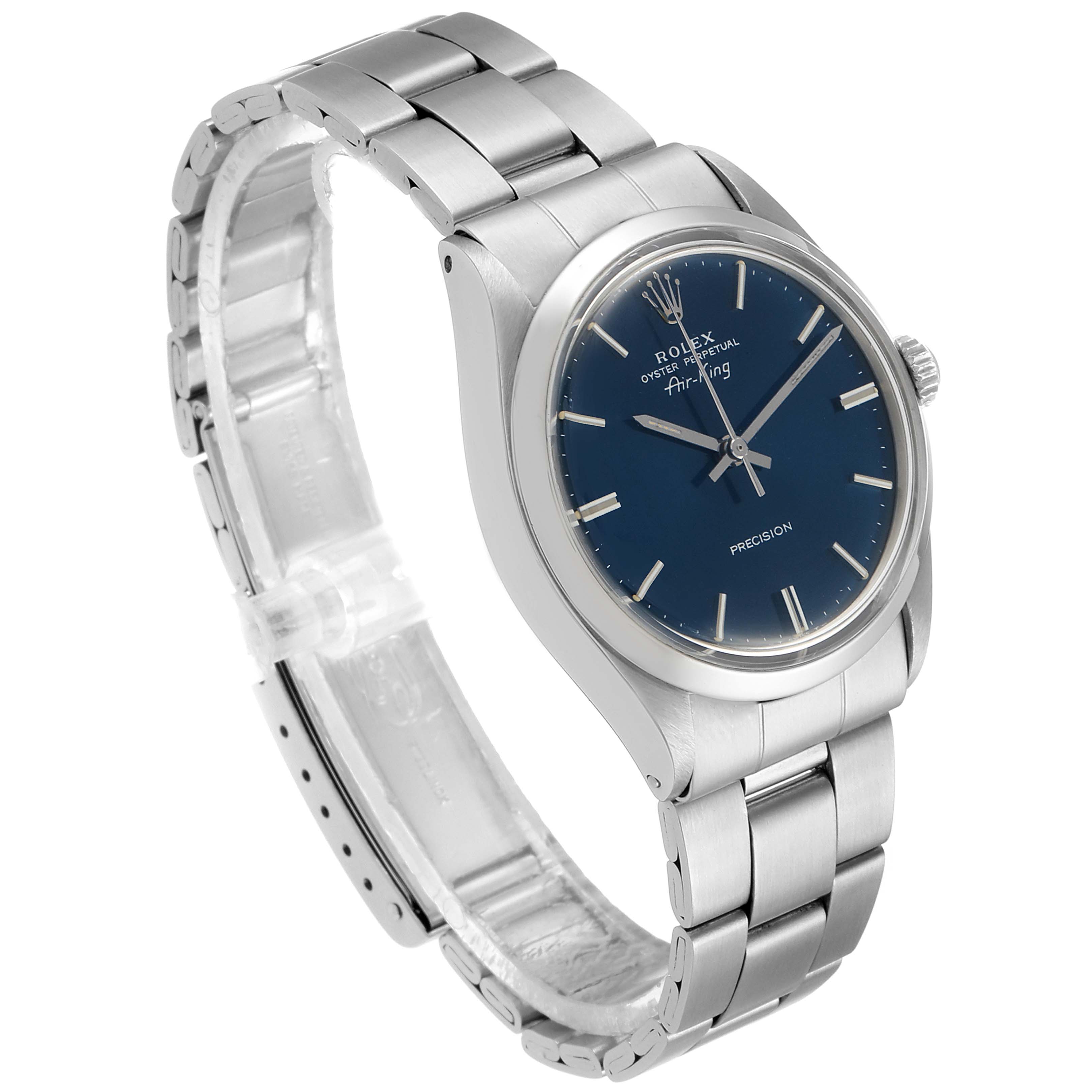 The image shows a Rolex Vintage Collection 5500 Men's Stainless Steel Blue Dial 5500 Men's Stainless Steel Blue Dial model watch at a three-quarter angle, highlighting the case, blue dial, bracelet, and crown.