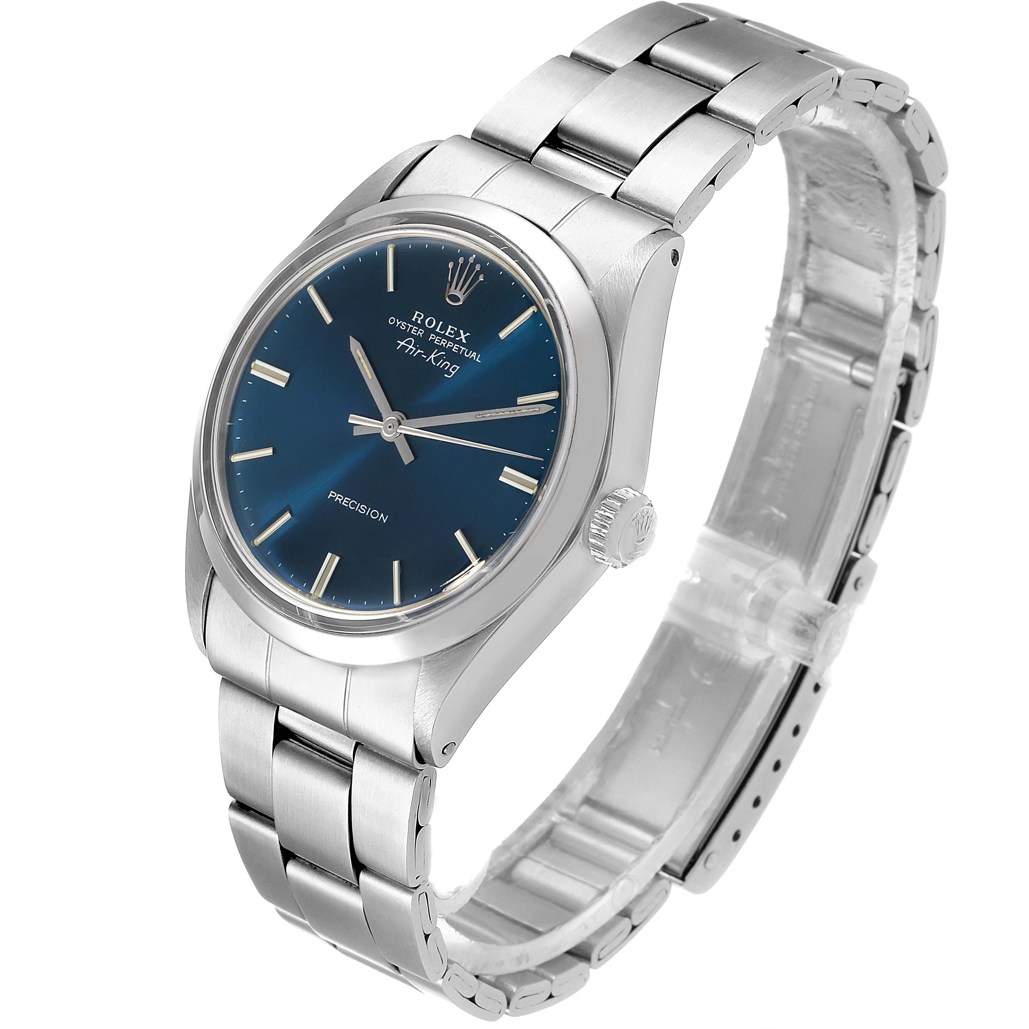 The Rolex Vintage Collection 5500 Men's Stainless Steel Blue Dial 5500 Men's Stainless Steel Blue Dial watch is shown at an angled, side perspective highlighting the face, bezel, crown, and bracelet.