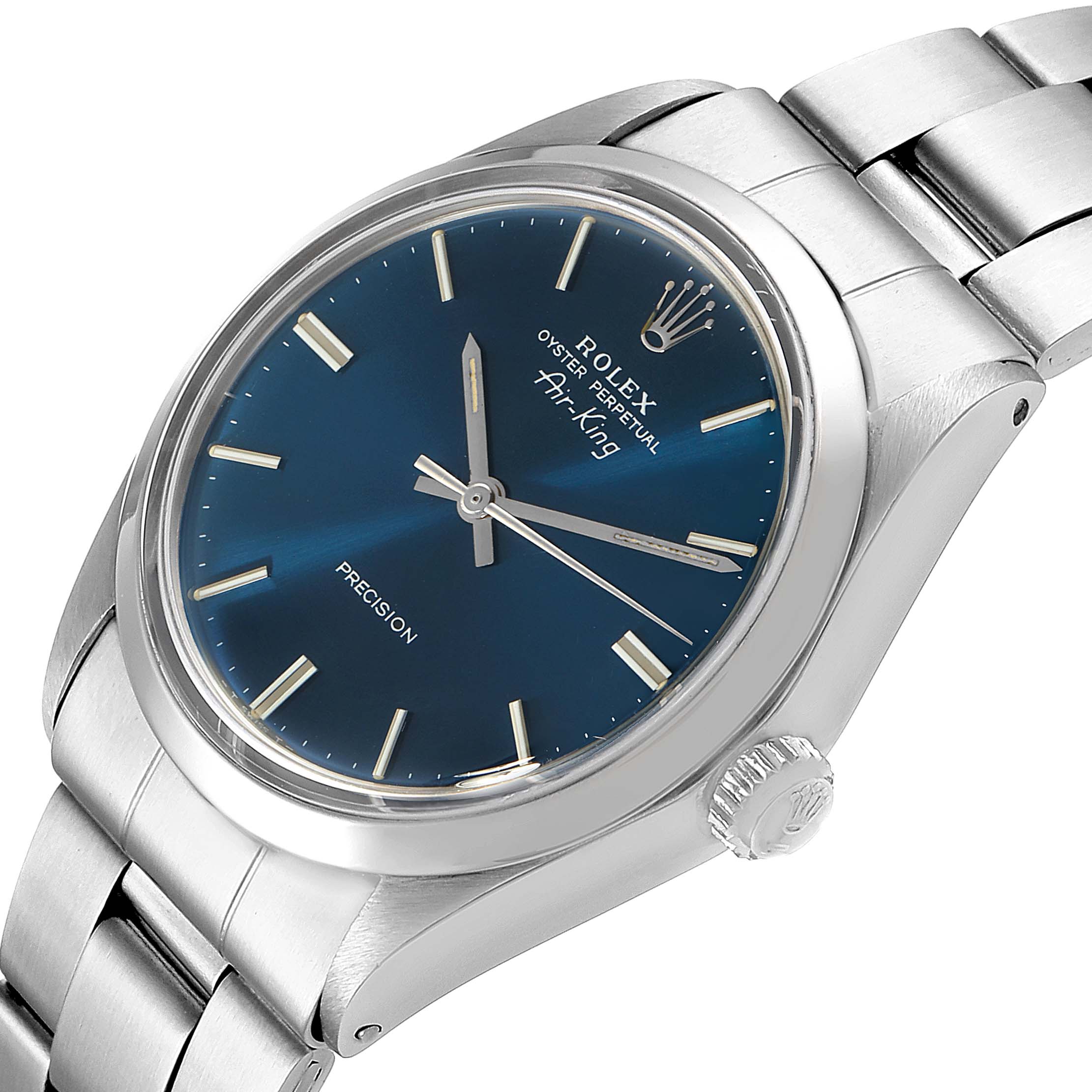 The Rolex Vintage Collection 5500 Men's Stainless Steel Blue Dial 5500 Men's Stainless Steel Blue Dial model is shown from a tilted front angle, highlighting the dial, bezel, crown, and part of the bracelet.