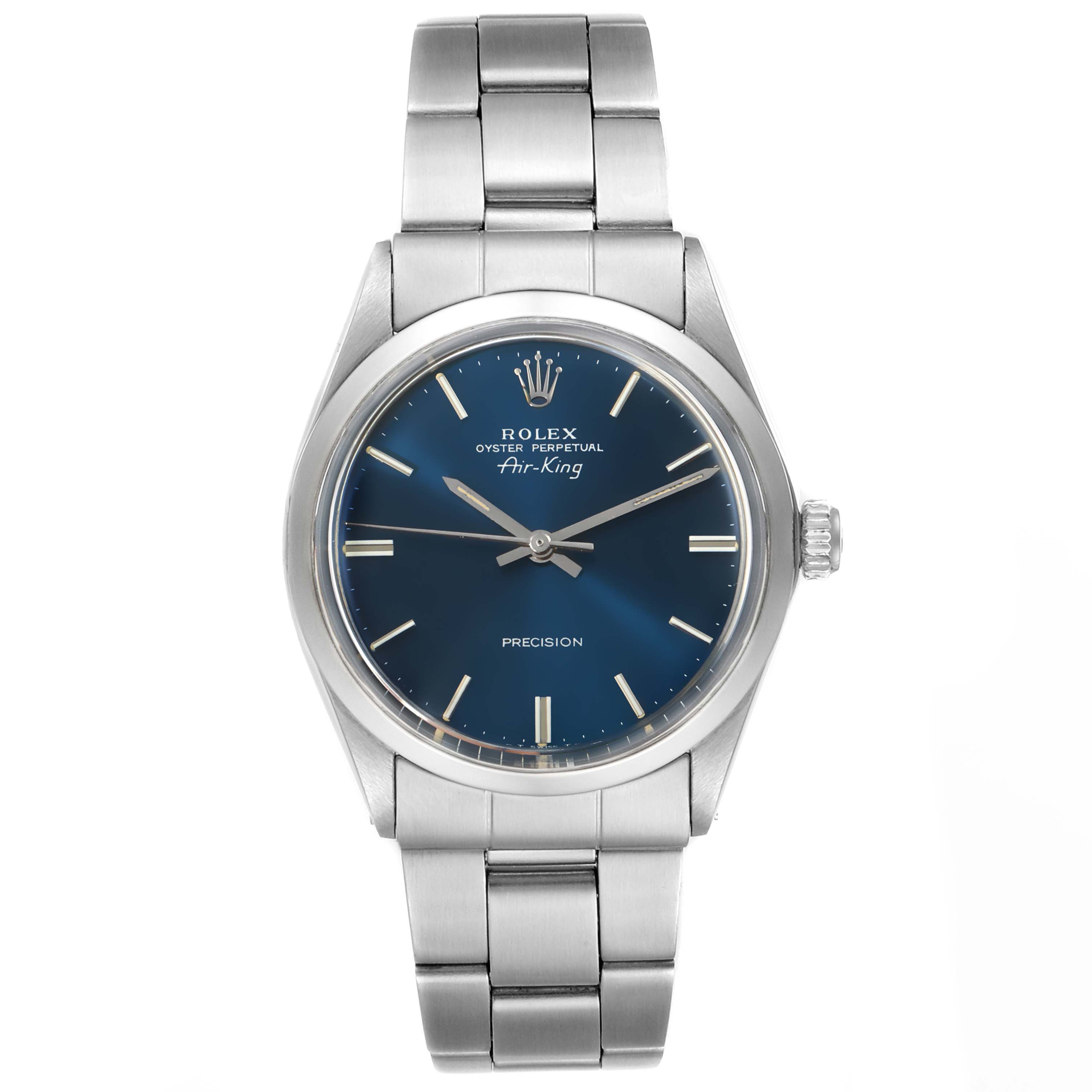 The image shows a front view of the Rolex Vintage Collection 5500 Men's Stainless Steel Blue Dial 5500 Men's Stainless Steel Blue Dial Oyster Perpetual Air-King watch, highlighting its blue dial and metal bracelet.