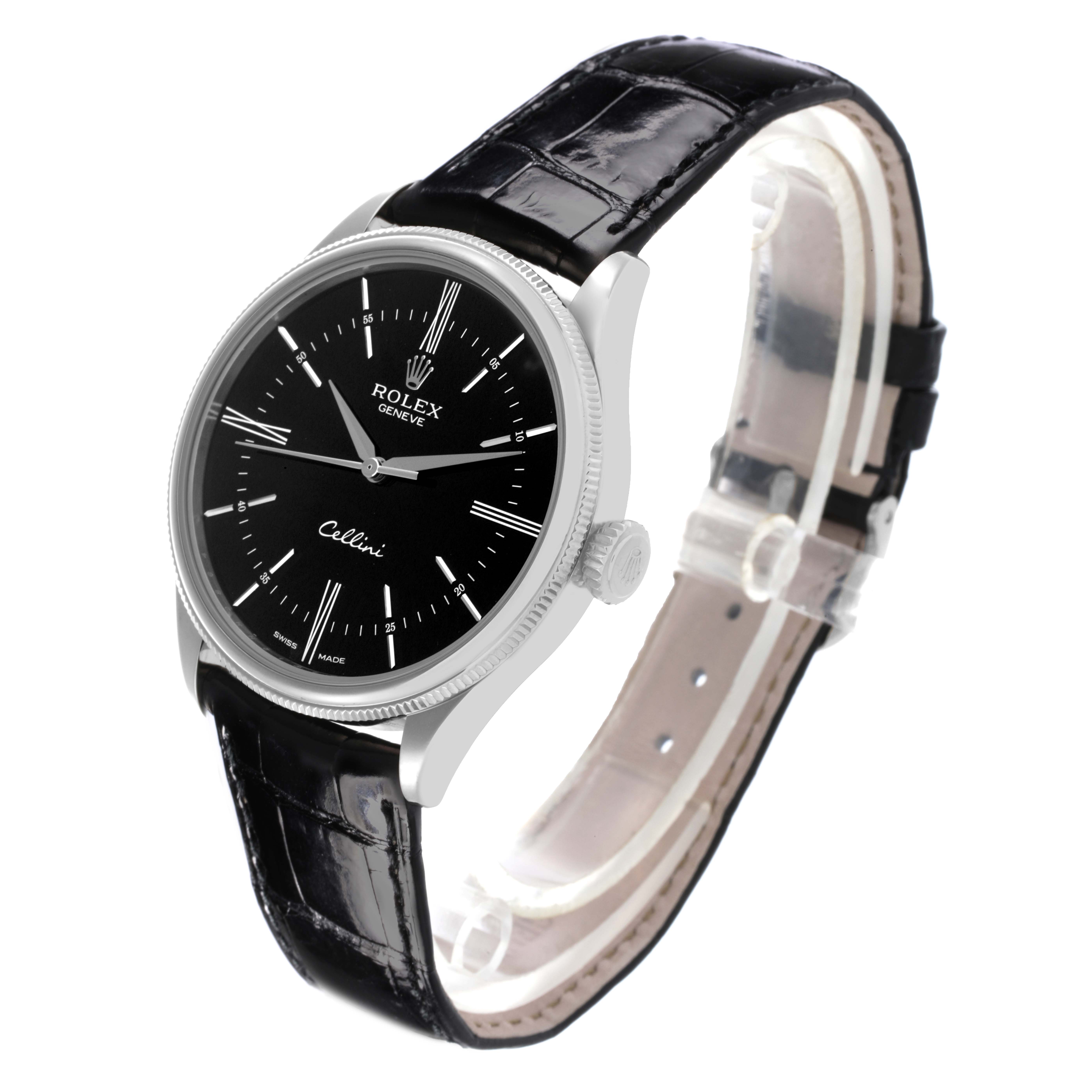 The Rolex Cellini 50509 Men's White Gold Black Dial 50509 Men's White Gold Black Dial watch is shown at a slight angle, highlighting the dial, bezel, case, crown, and leather strap.