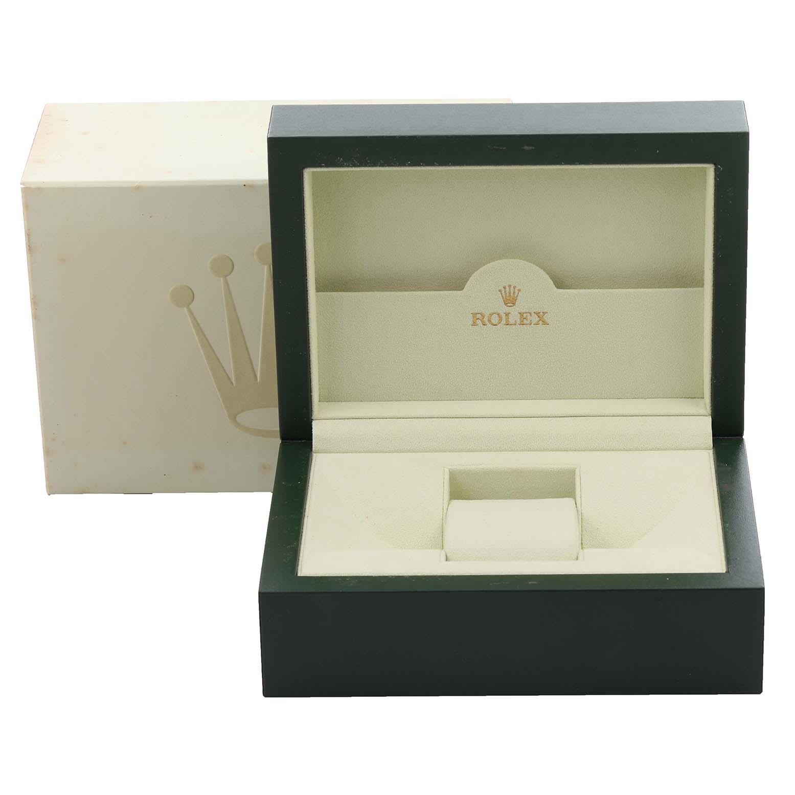 The image shows an empty Rolex Cellini 50509 Men's White Gold Black Dial 50509 Men's White Gold Black Dial watch box with the lid open, displaying the interior.