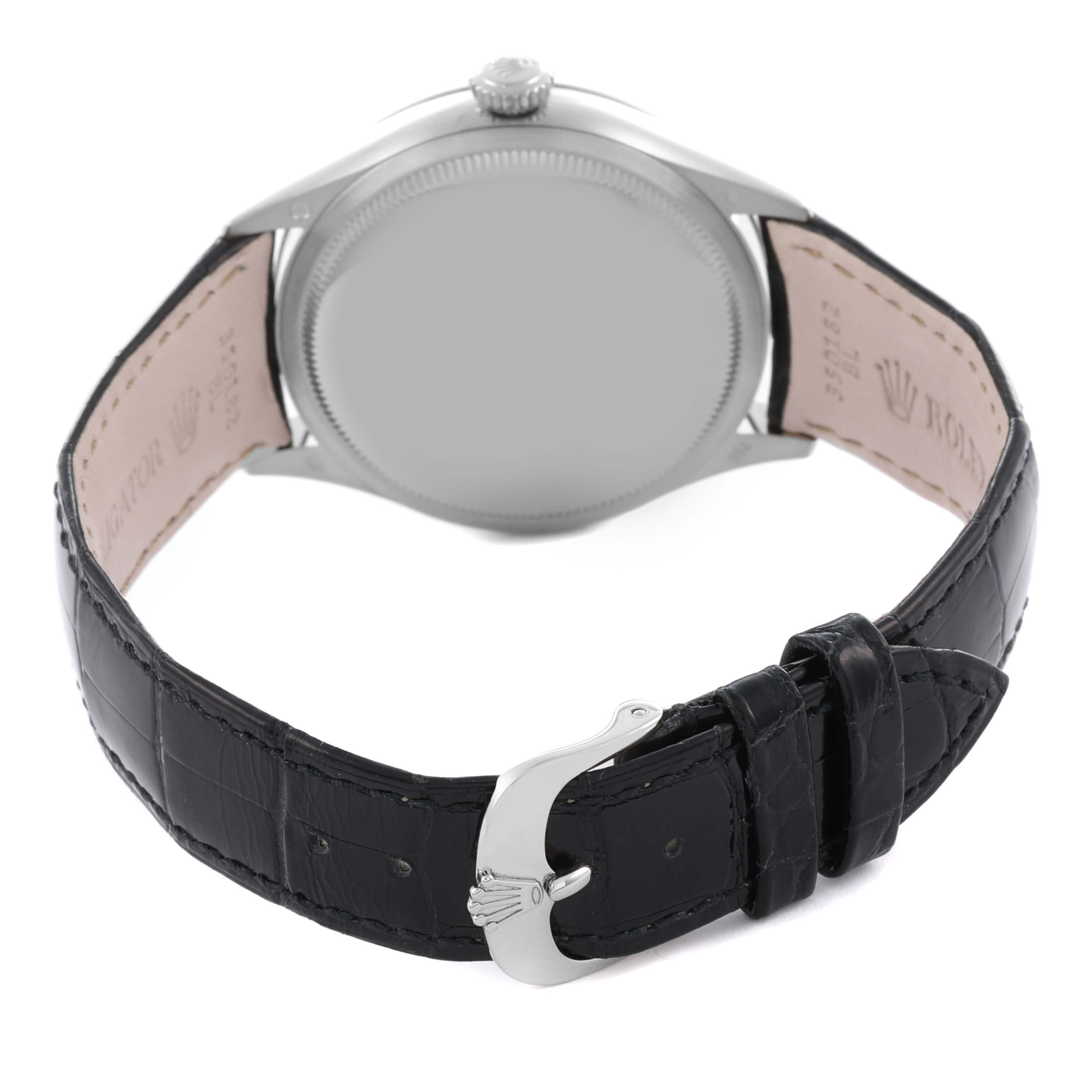 The image shows the back view of a Rolex Cellini 50509 Men's White Gold Black Dial 50509 Men's White Gold Black Dial watch, highlighting the case back, crown, and leather strap with buckle.
