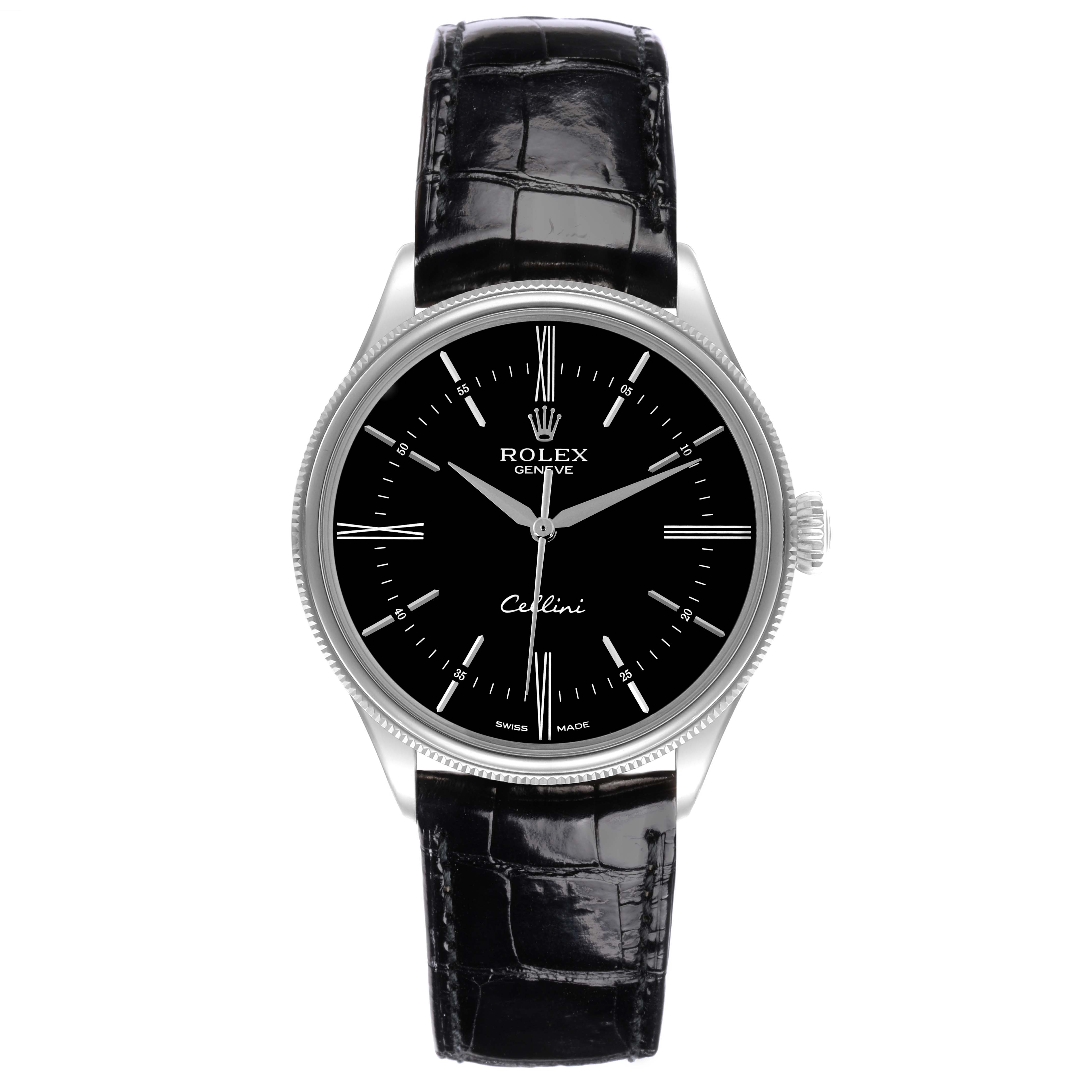 The Rolex Cellini 50509 Men's White Gold Black Dial 50509 Men's White Gold Black Dial watch is shown from a front angle, highlighting the black dial, silver case, and leather strap.