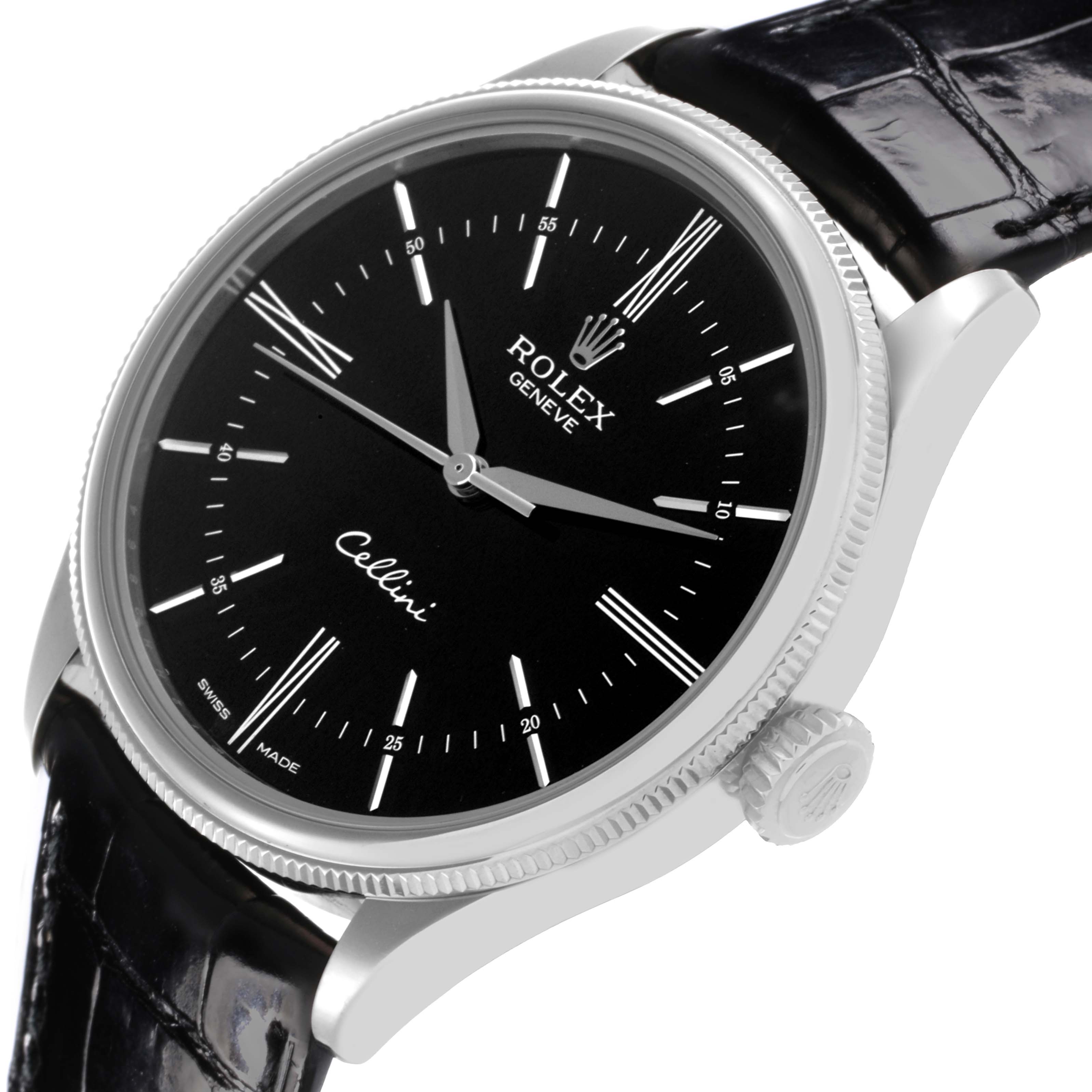 The Rolex Cellini 50509 Men's White Gold Black Dial 50509 Men's White Gold Black Dial watch is shown from a slight side angle, highlighting the dial, bezel, and part of the strap.