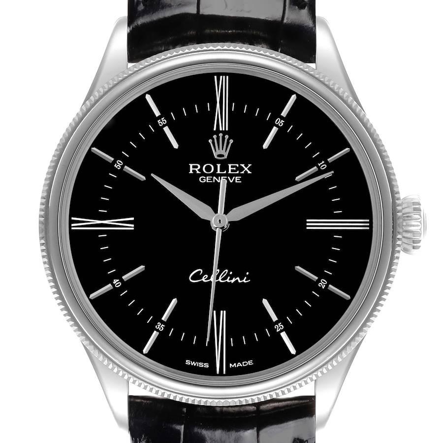 The Rolex Cellini watch is shown from the front, highlighting its dial, bezel, and crown.