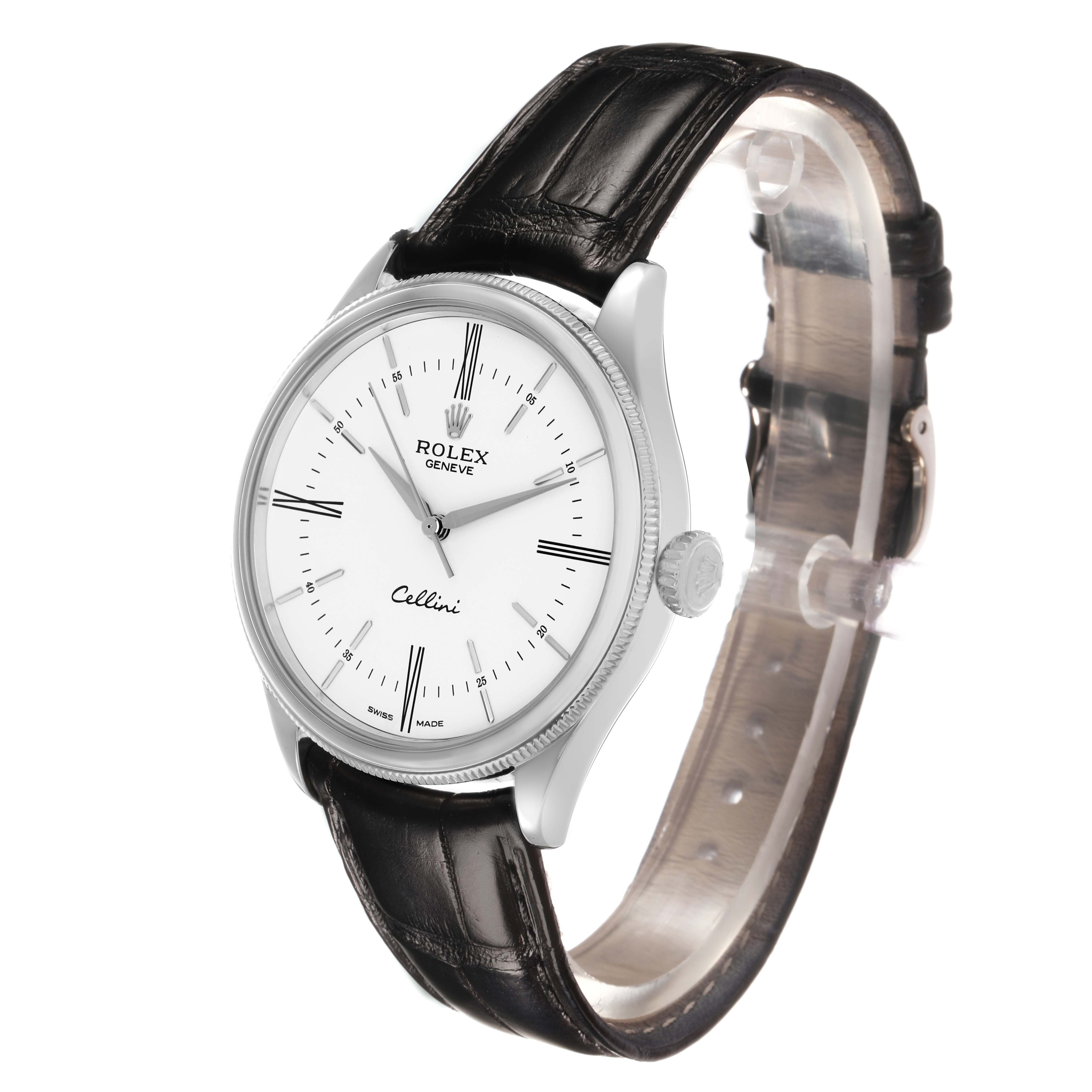 The Rolex Cellini 50509 Men's White Gold White Dial watch is shown at a slight angle, highlighting the face, crown, and strap.