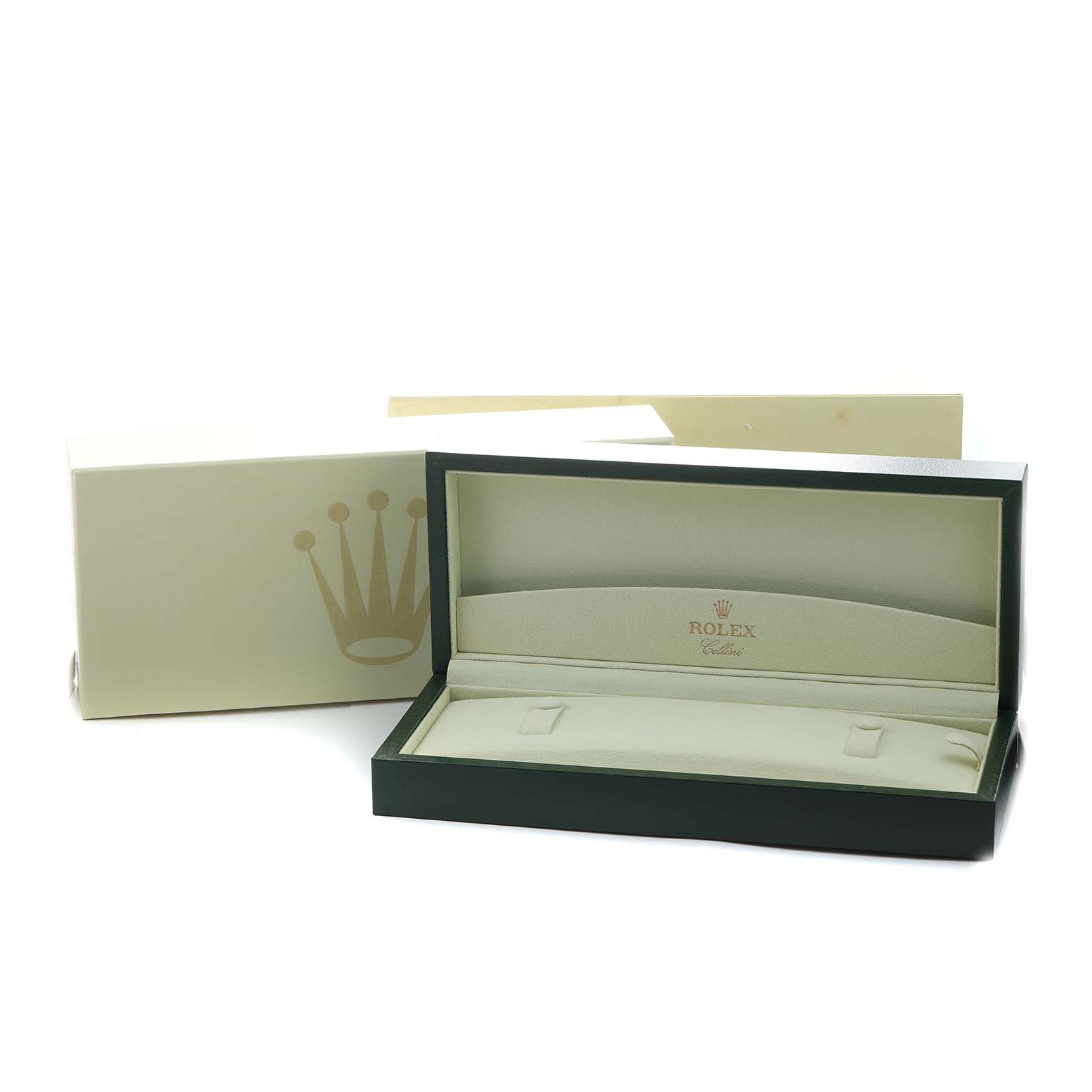 The image shows the open box for a Rolex Cellini 50509 Men's White Gold White Dial, featuring the brand's logo and crown symbol with an elegant, cushioned interior.