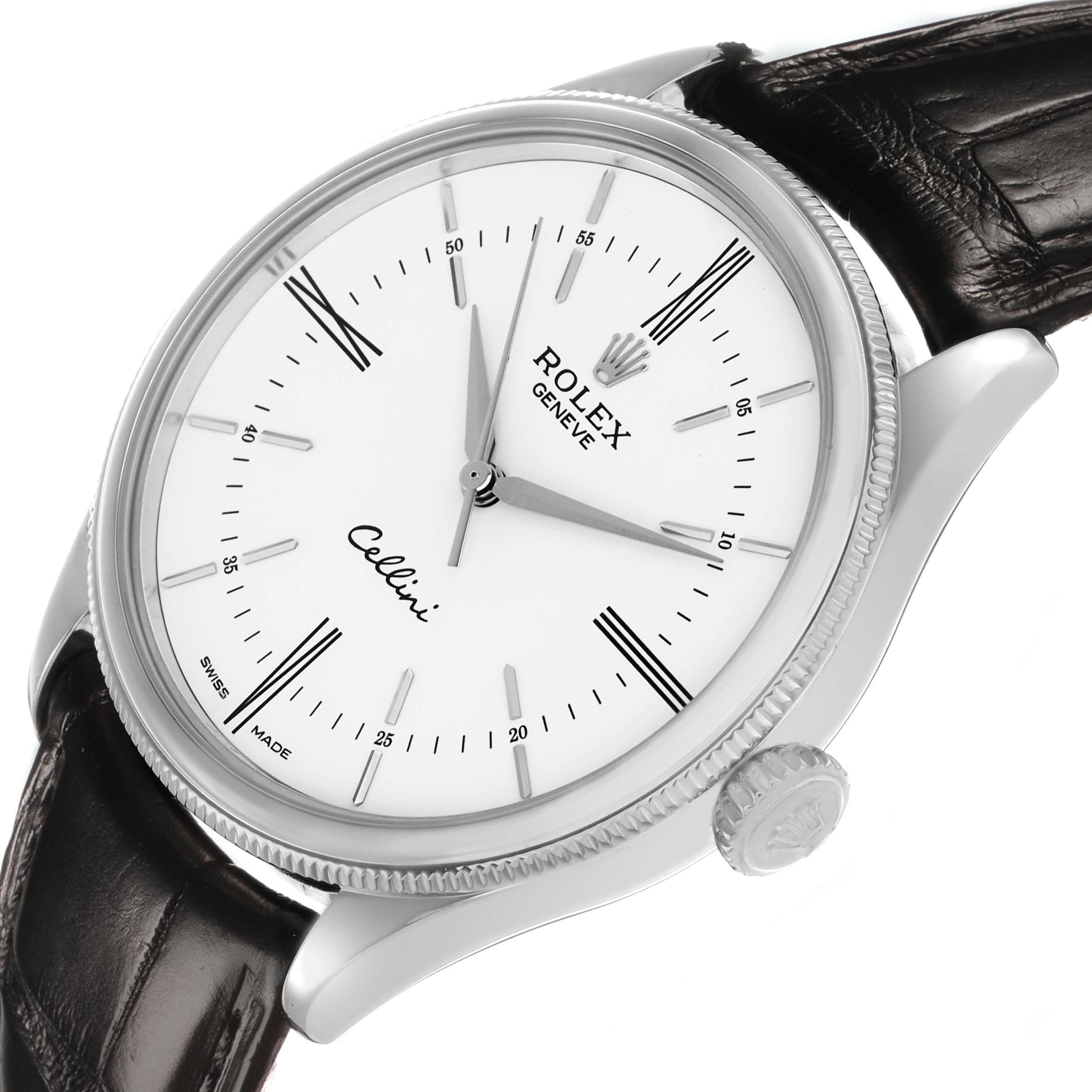 The Rolex Cellini 50509 Men's White Gold White Dial watch is shown from an angled side view, highlighting the dial, crown, and leather strap.