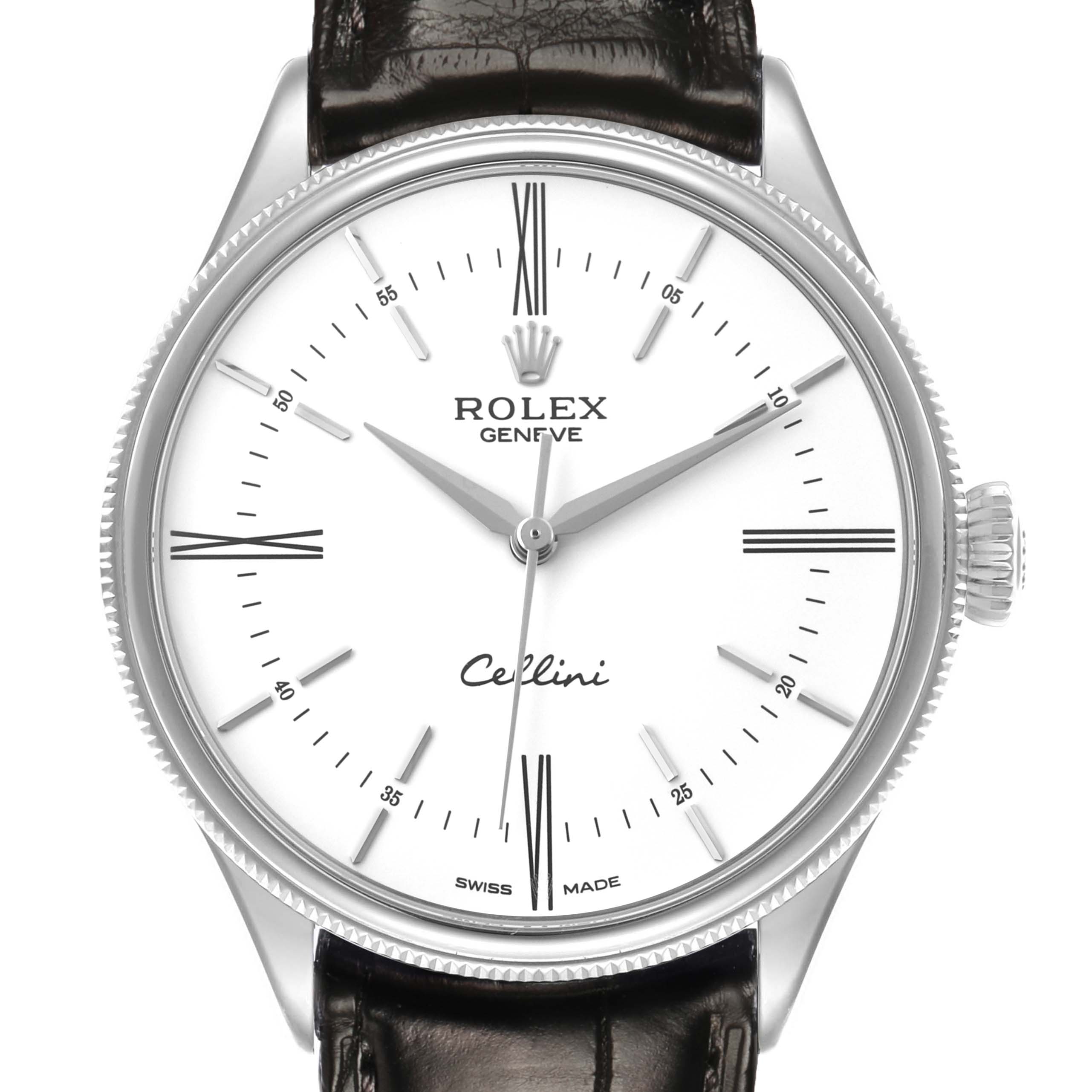 The Rolex Cellini 50509 Men's White Gold White Dial watch is shown from a front angle, highlighting the dial, crown, and leather strap.