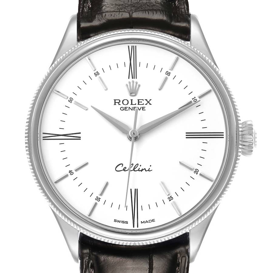 The Rolex Cellini 50509 Men's White Gold White Dial watch is shown from a front angle, highlighting the dial, crown, and leather strap.