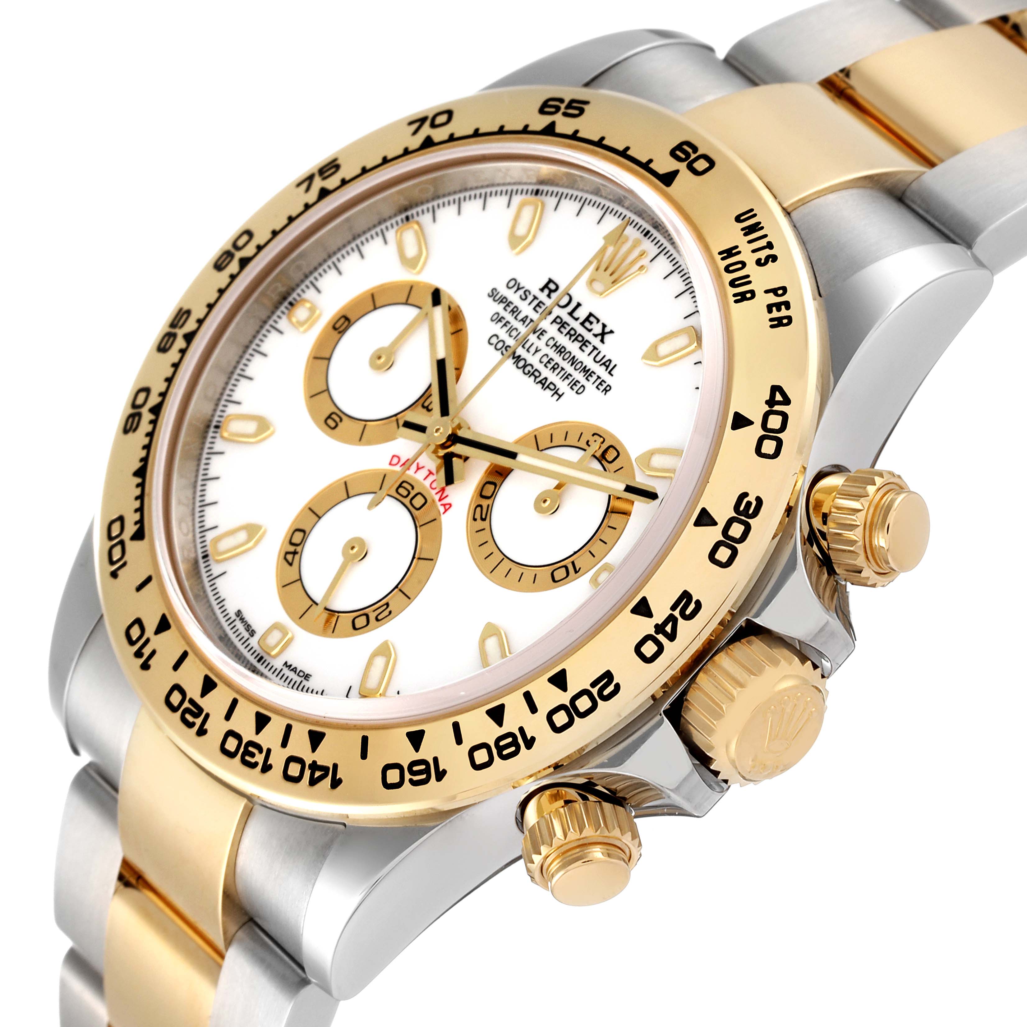 The image shows a close-up, angled view of a Rolex Daytona 116503 Men's Steel and Gold (two tone) White Dial 116503 Men's Steel and Gold (two tone) White Dial watch, highlighting the face, bezel, crown, and part of the bracelet.