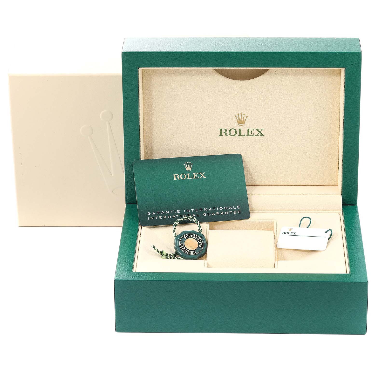 The image shows the opened box for a Rolex Daytona 116503 Men's Steel and Gold (two tone) White Dial 116503 Men's Steel and Gold (two tone) White Dial watch, with a guarantee card, hang tag, and booklet inside.