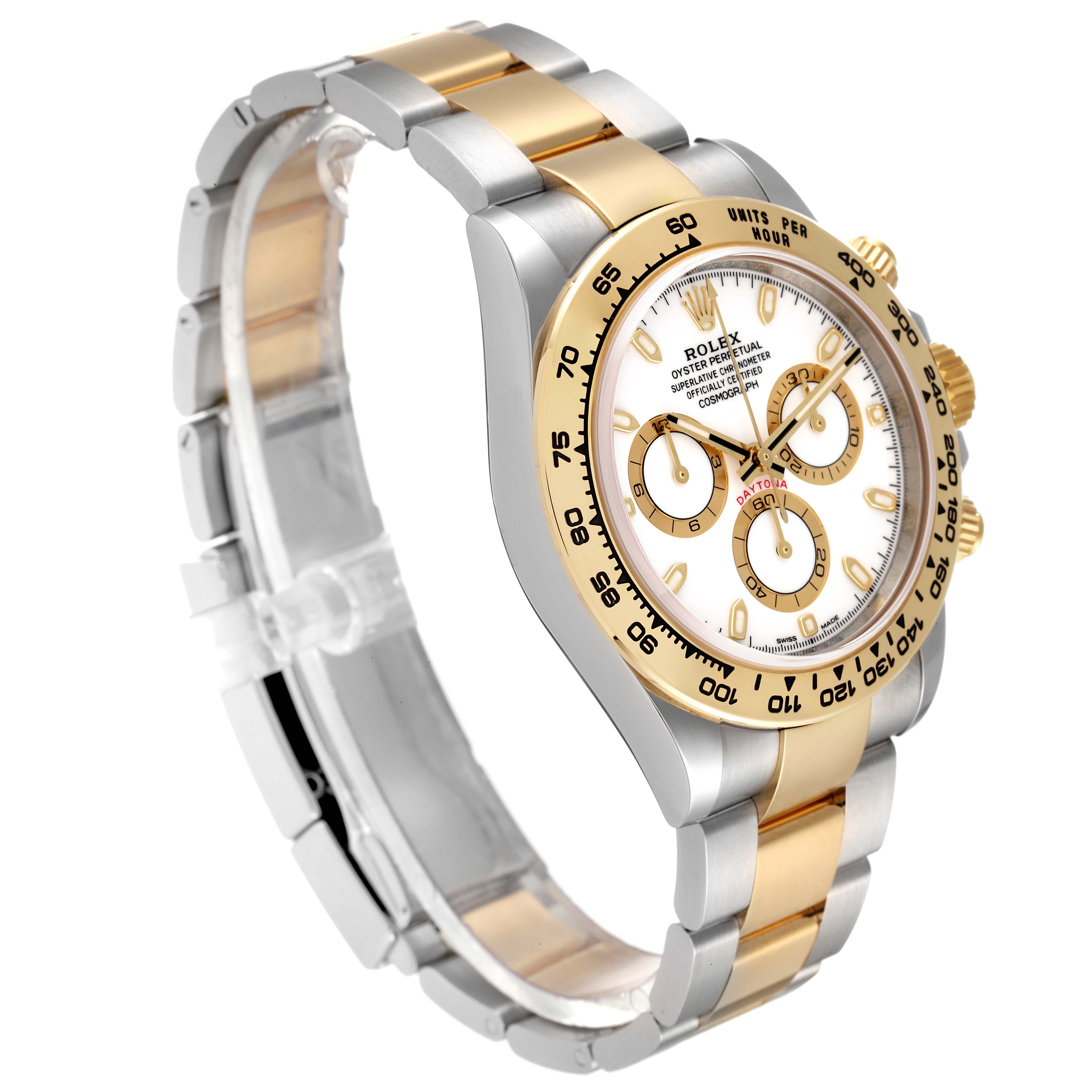 The Rolex Daytona 116503 Men's Steel and Gold (two tone) White Dial 116503 Men's Steel and Gold (two tone) White Dial watch is shown at a side angle, prominently displaying the dial, bezel, and two-tone bracelet.