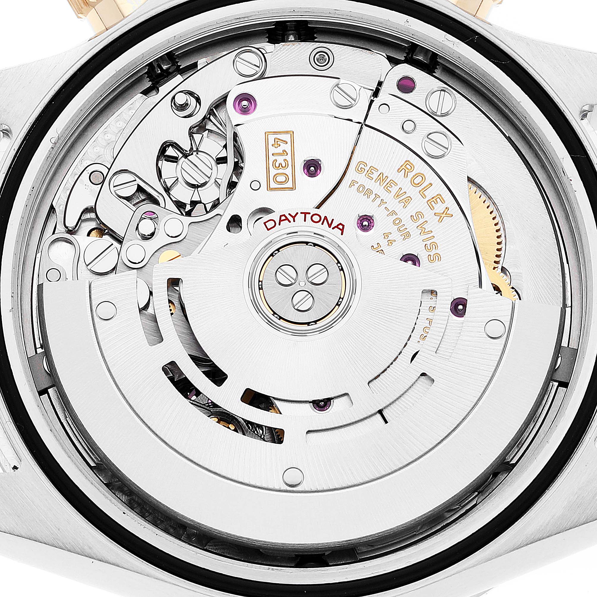 This image shows the internal mechanical movement of a Rolex Daytona 116503 Men's Steel and Gold (two tone) White Dial 116503 Men's Steel and Gold (two tone) White Dial watch from a back angle.