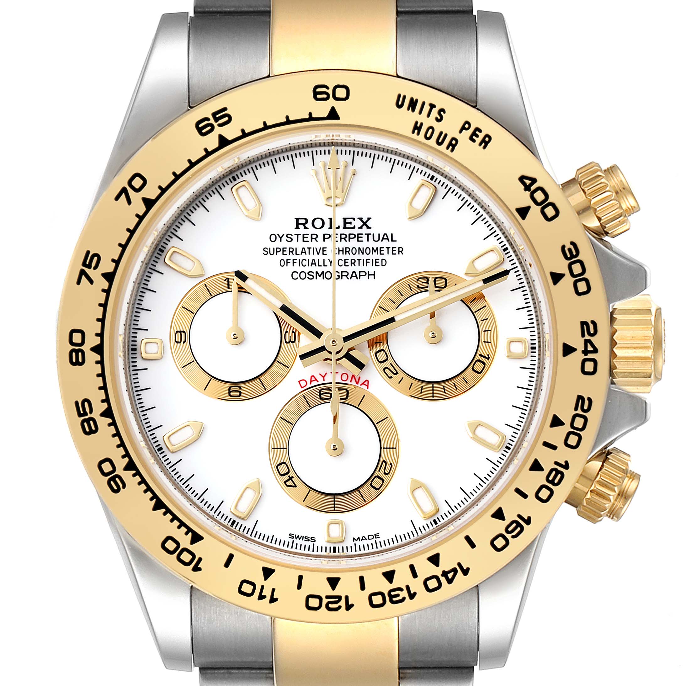 The image shows a front view of a Rolex Daytona 116503 Men's Steel and Gold (two tone) White Dial 116503 Men's Steel and Gold (two tone) White Dial watch, highlighting its bezel, dial, subdials, and crown.