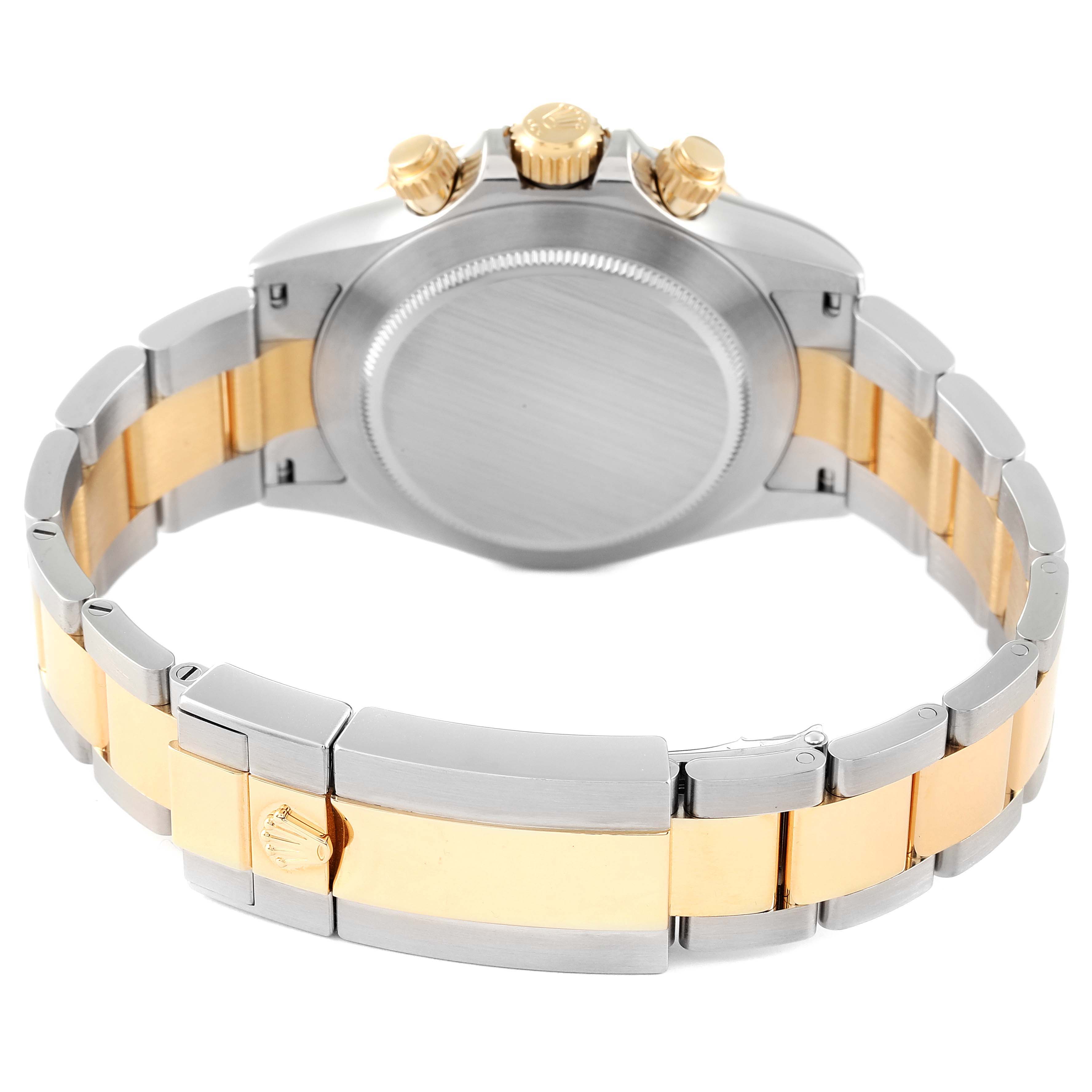 The image shows the back case, crown, and two-tone bracelet of the Rolex Daytona 116503 Men's Steel and Gold (two tone) White Dial 116503 Men's Steel and Gold (two tone) White Dial watch.