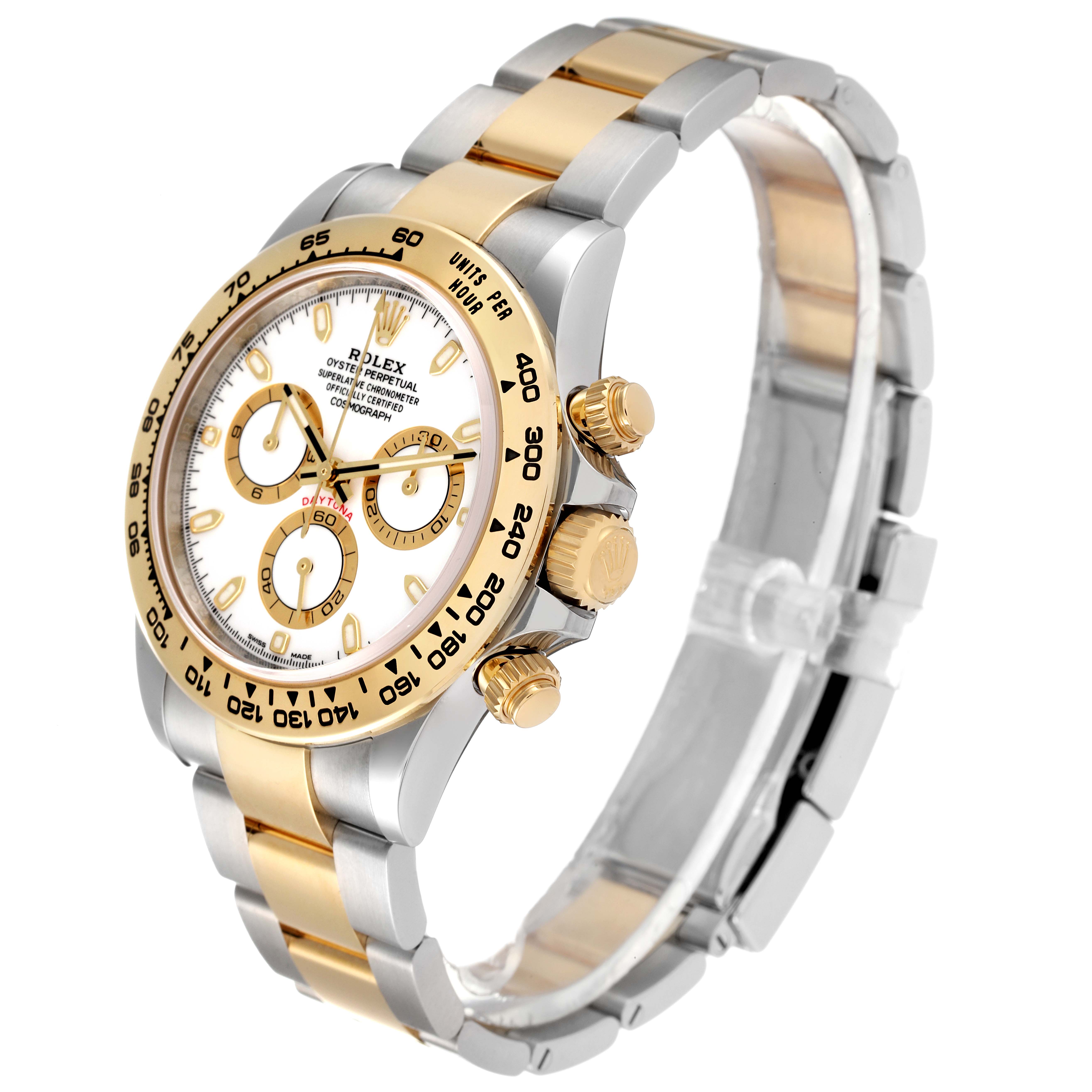 The image shows a side and top view of a Rolex Daytona 116503 Men's Steel and Gold (two tone) White Dial 116503 Men's Steel and Gold (two tone) White Dial watch, highlighting its bezel, dial, and bracelet.