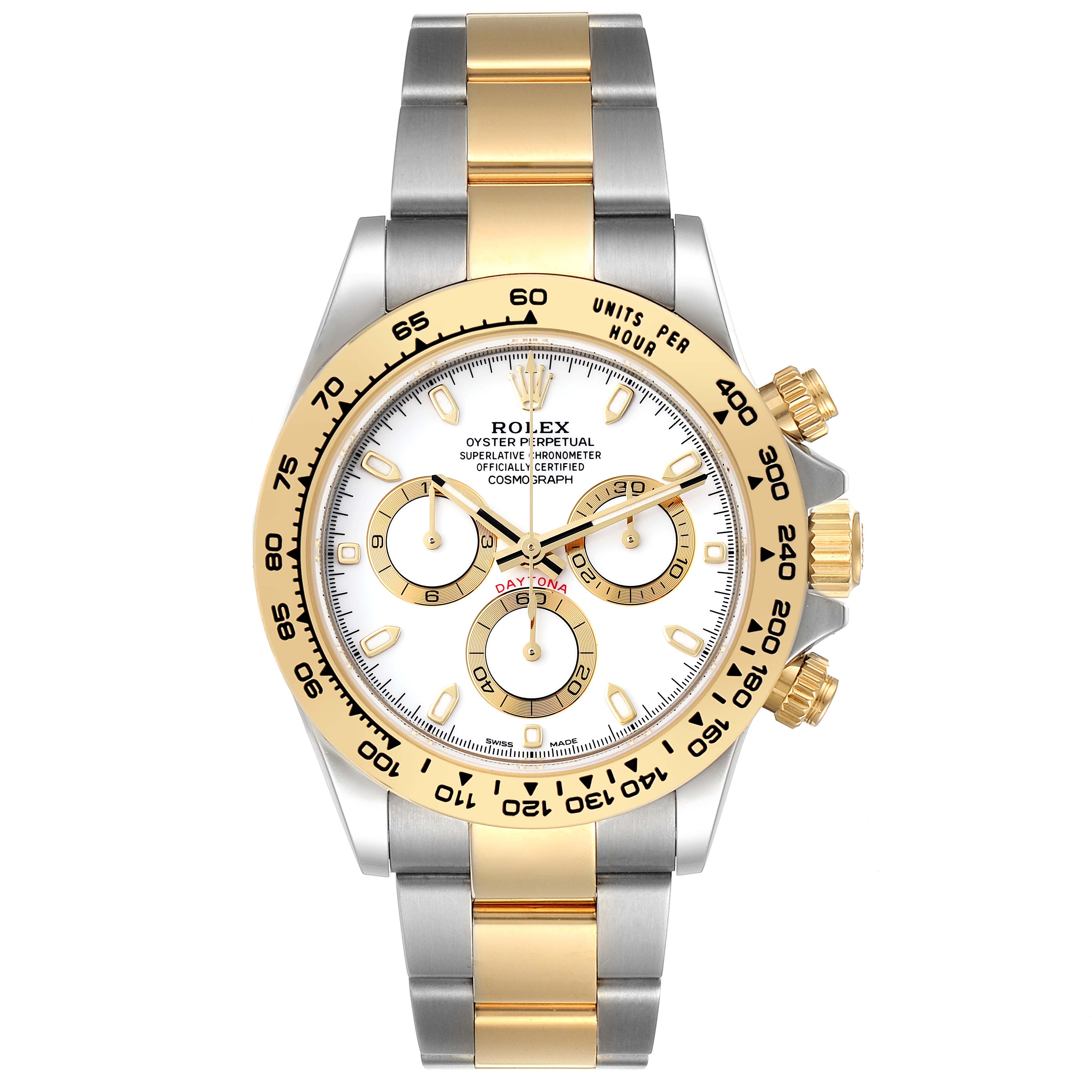 The Rolex Daytona 116503 Men's Steel and Gold (two tone) White Dial 116503 Men's Steel and Gold (two tone) White Dial watch is shown from the front, featuring a gold and silver bracelet, tachymeter bezel, and white dial with chronograph subdials.