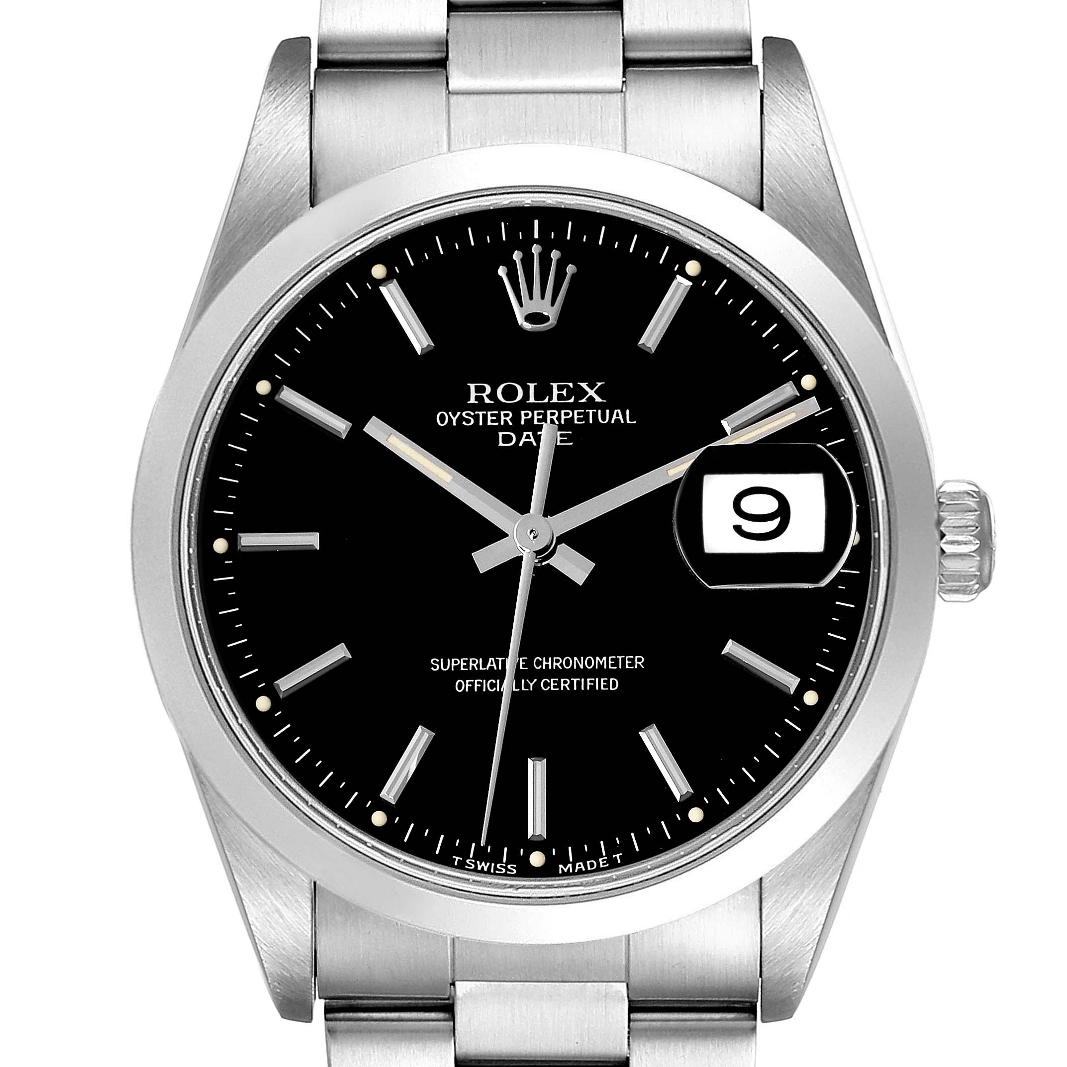 The image shows a front view of a Rolex Oyster Perpetual Date watch, displaying its face, bezel, and part of the band.