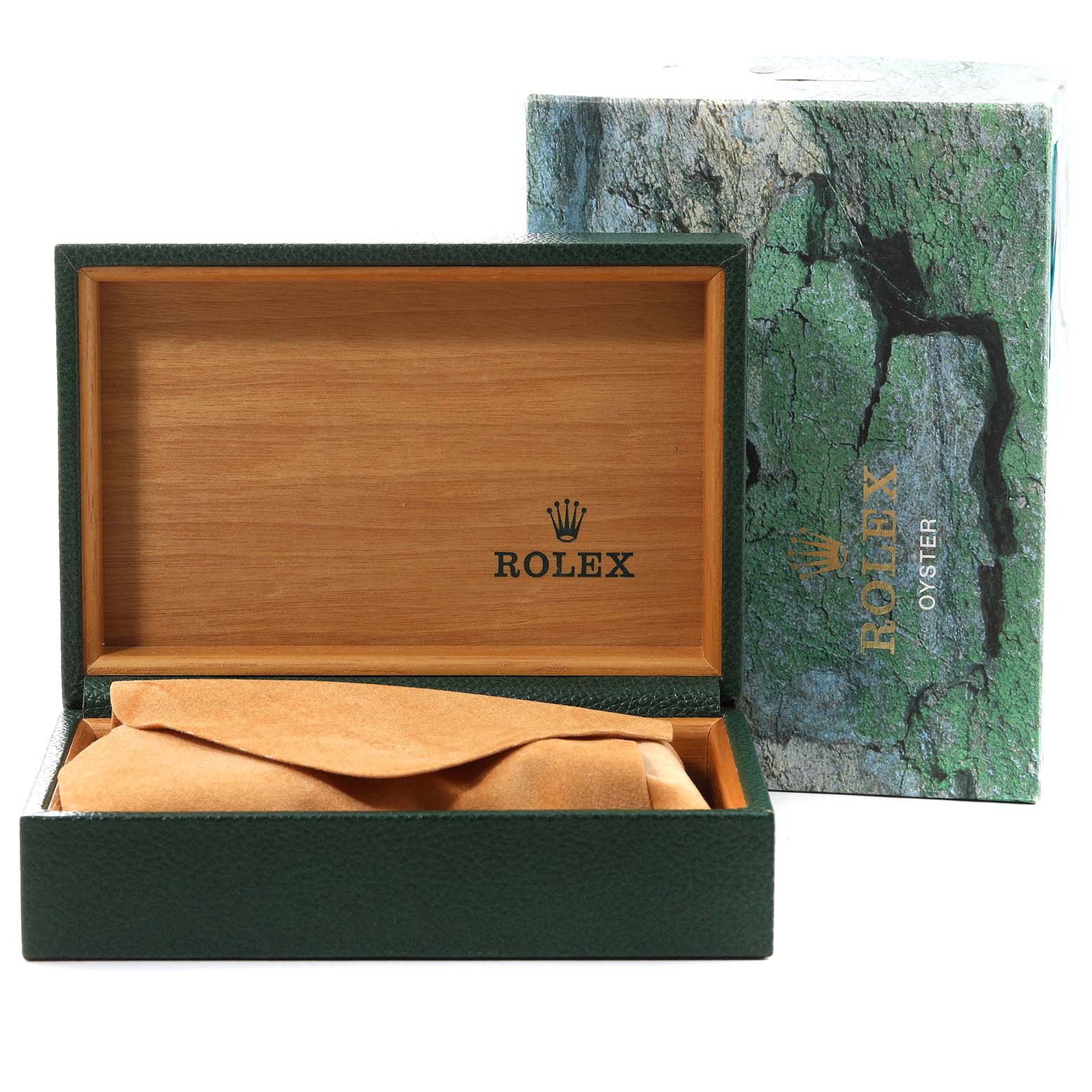 The image shows an open Rolex Date 15200 Men's Stainless Steel Black Dial 15200 Men's Stainless Steel Black Dial watch box with an outer box labeled "Rolex Oyster."