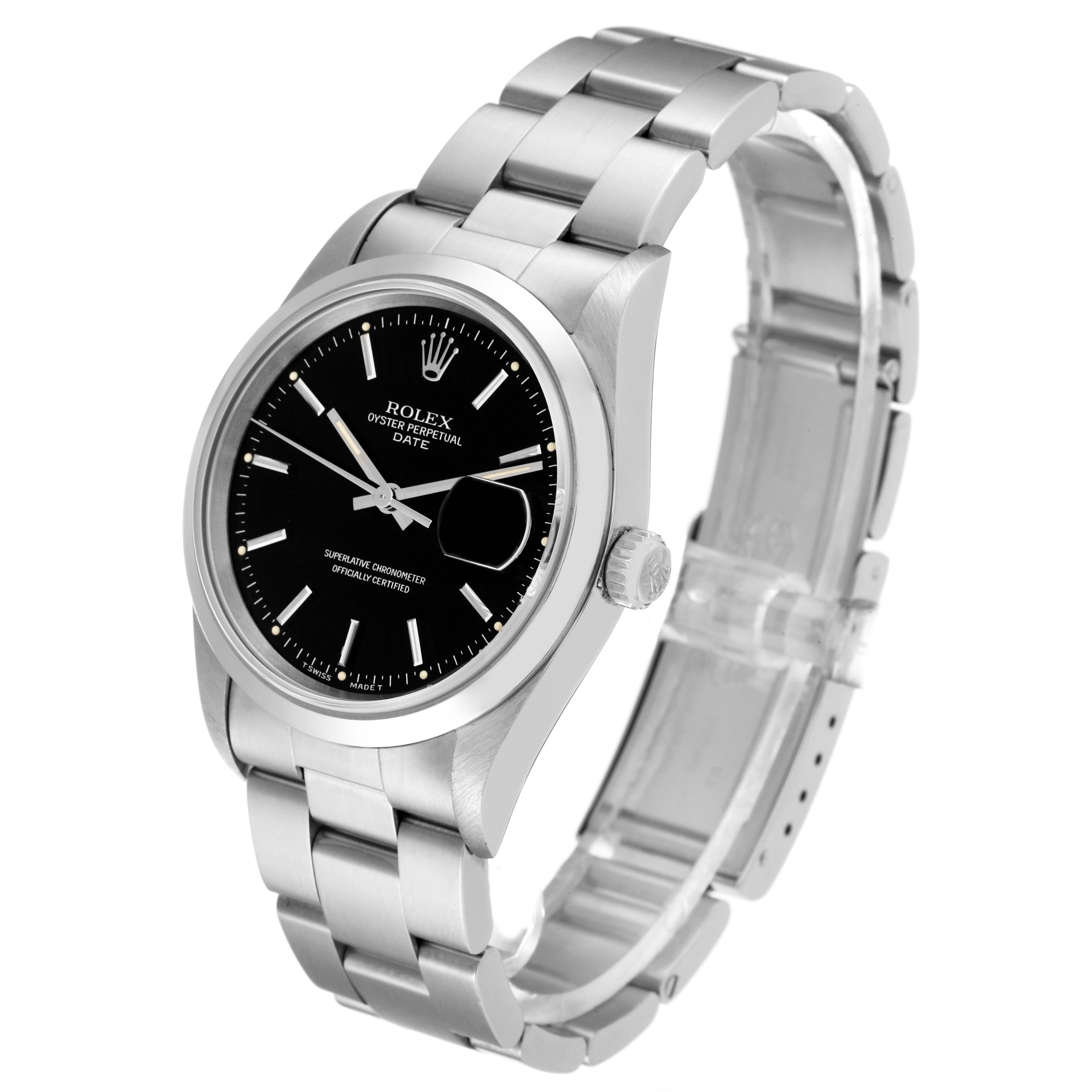 The image shows a Rolex Date 15200 Men's Stainless Steel Black Dial 15200 Men's Stainless Steel Black Dial model watch at a slight angle, displaying its black dial, bracelet, and logo.