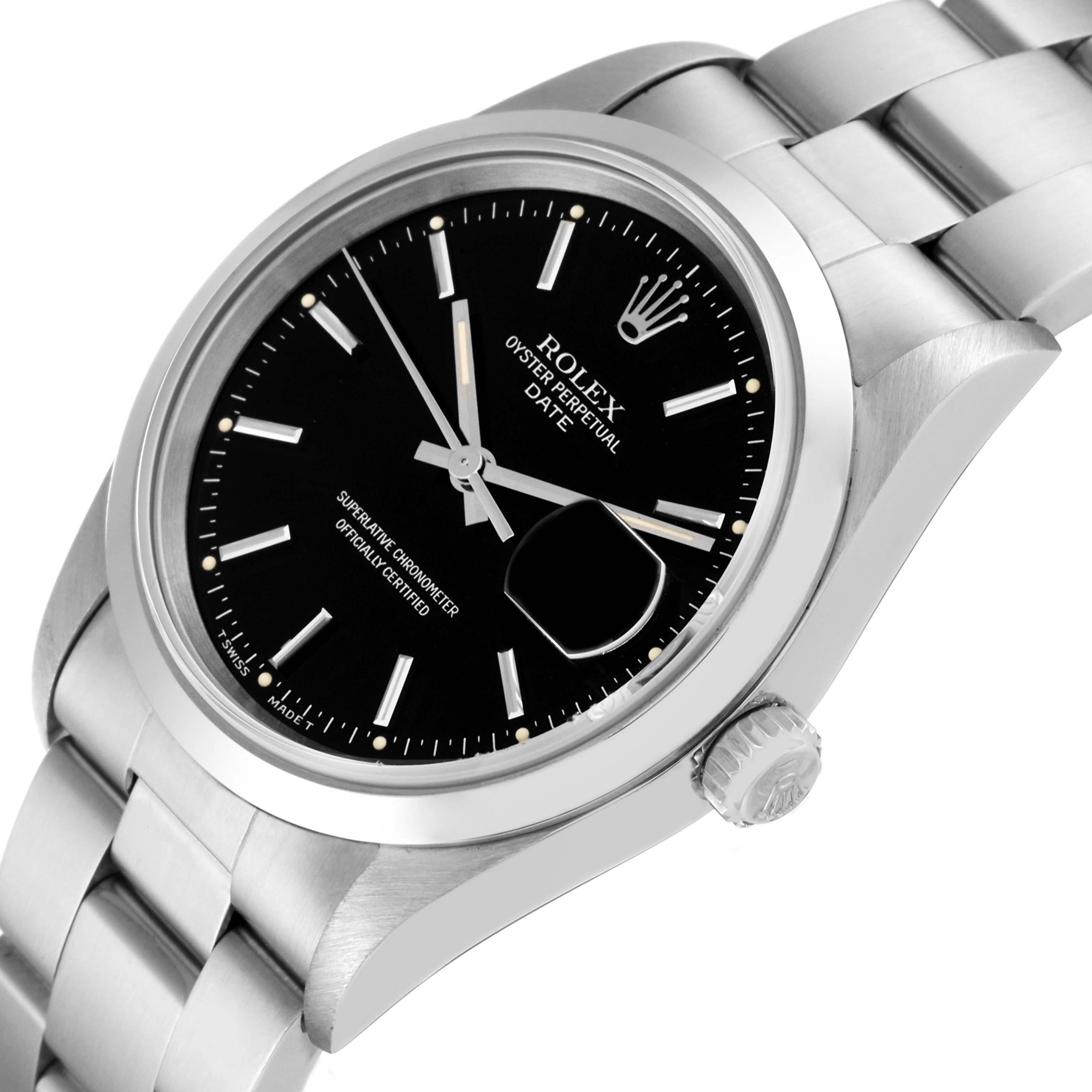 This image shows a close-up angle of the Rolex Date 15200 Men's Stainless Steel Black Dial 15200 Men's Stainless Steel Black Dial model watch, highlighting its black dial, magnified date, and stainless steel bracelet.