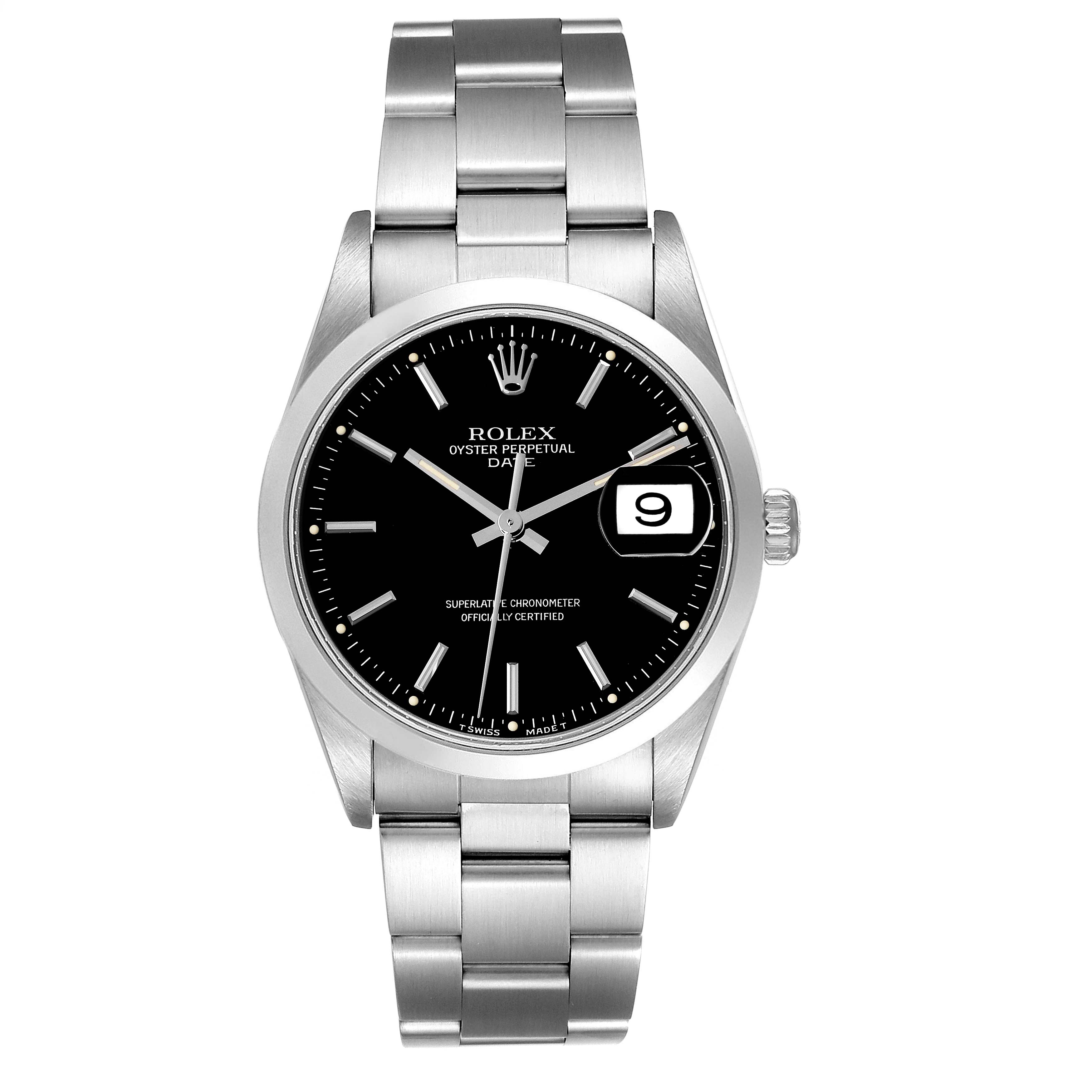 The image shows a front view of a Rolex Date 15200 Men's Stainless Steel Black Dial 15200 Men's Stainless Steel Black Dial model, displaying the watch face, bezel, crown, and part of the bracelet.