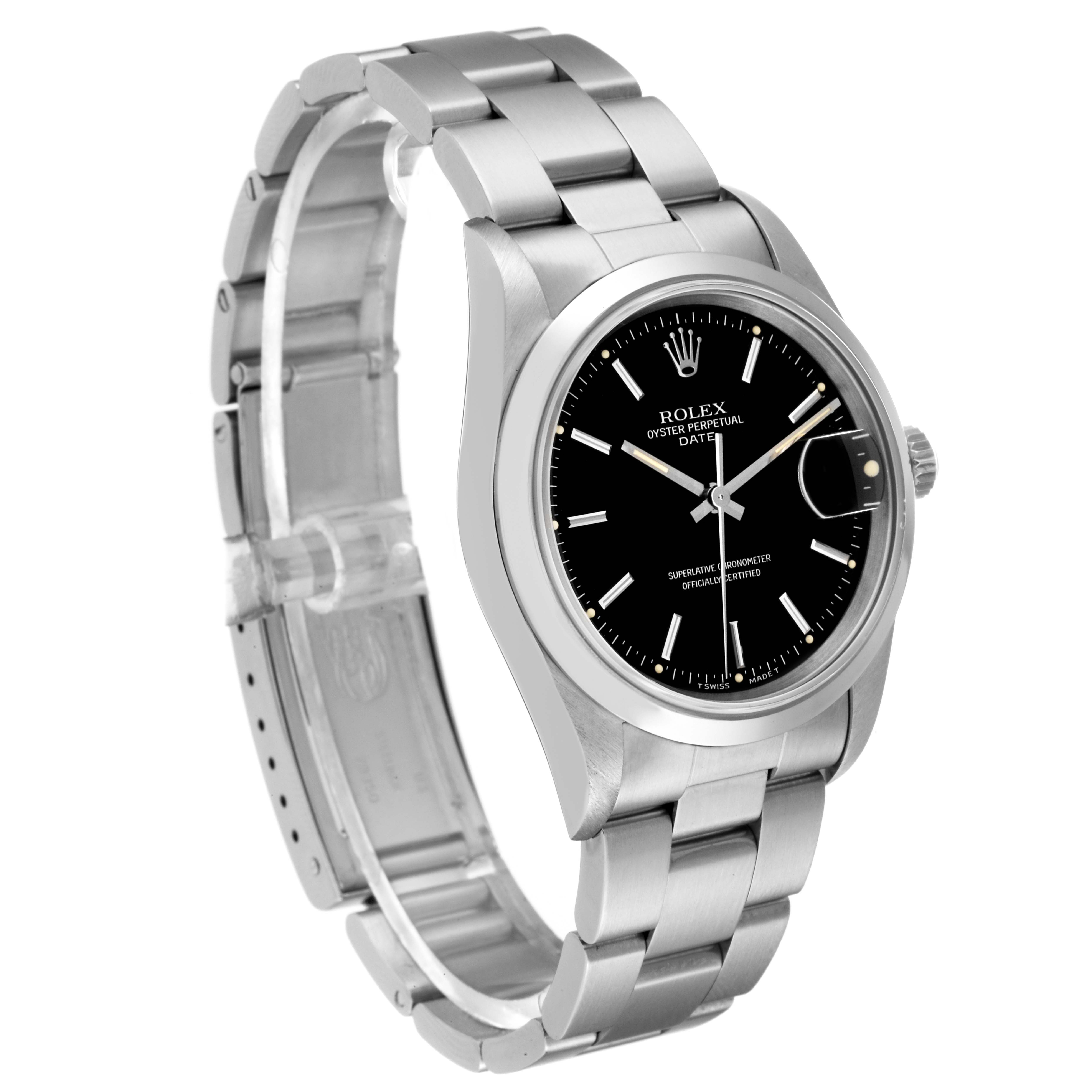 This image shows a side angle of a Rolex Date 15200 Men's Stainless Steel Black Dial 15200 Men's Stainless Steel Black Dial model watch, displaying its silver bracelet, black dial, and casing.