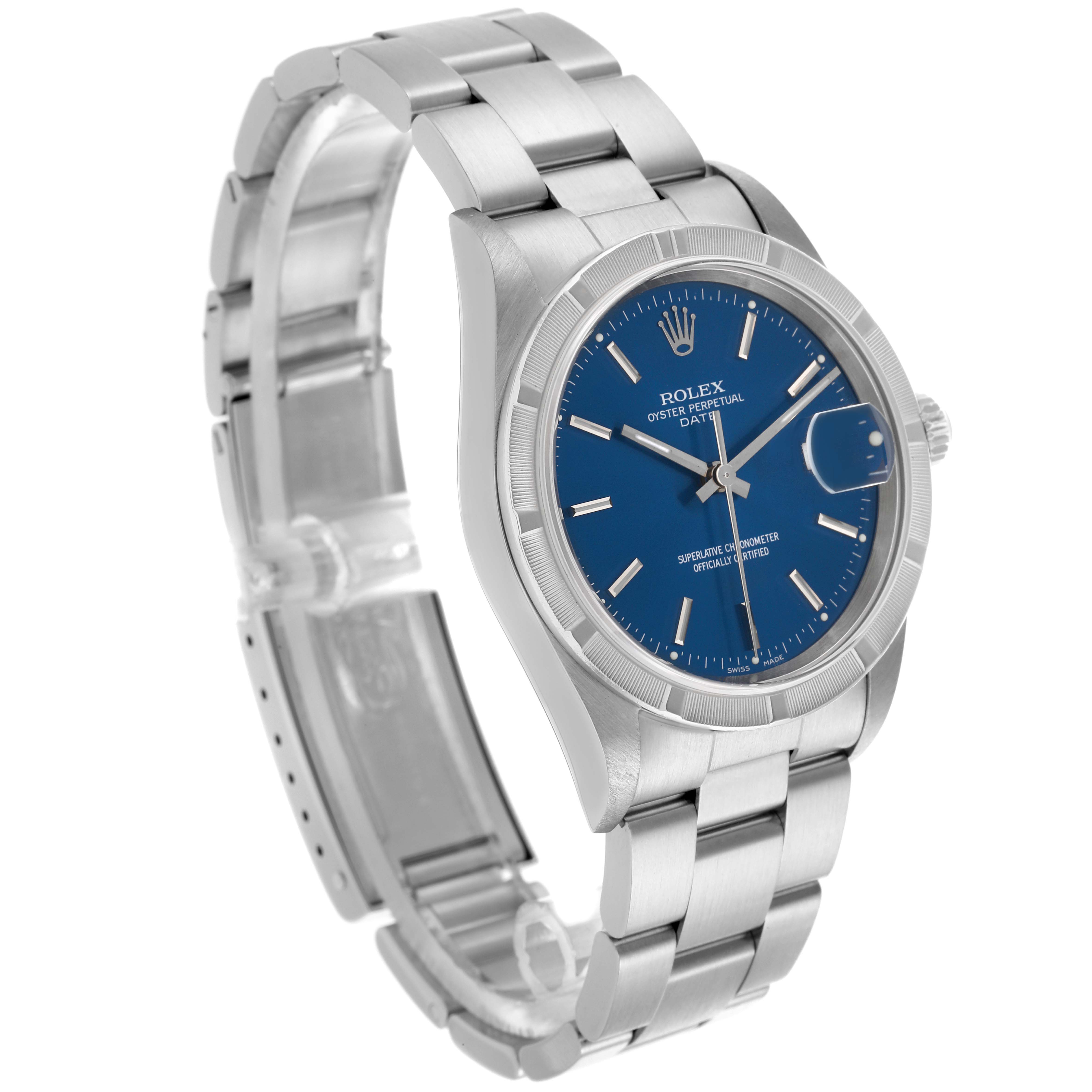 The Rolex Date 15210 Men's Stainless Steel Blue Dial 15210 Men's Stainless Steel Blue Dial watch is shown at a three-quarter angle, displaying the bracelet, bezel, and blue dial.
