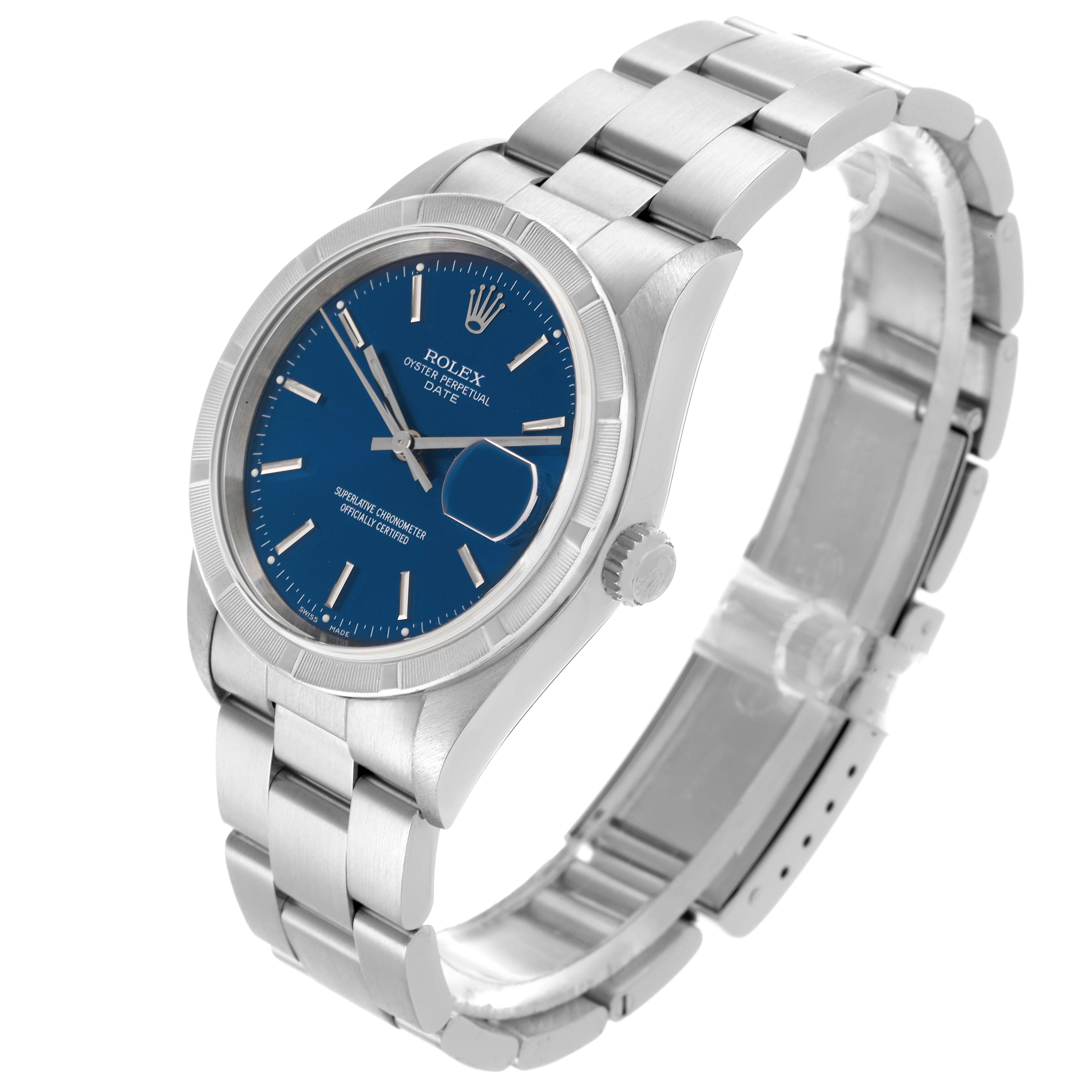 This Rolex Date 15210 Men's Stainless Steel Blue Dial 15210 Men's Stainless Steel Blue Dial watch is shown at a three-quarter angle, highlighting the blue dial, bezel, crown, and bracelet.