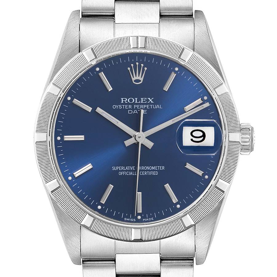 The Rolex Date watch is shown from the front, highlighting its blue dial, bezel, hands, and bracelet links.