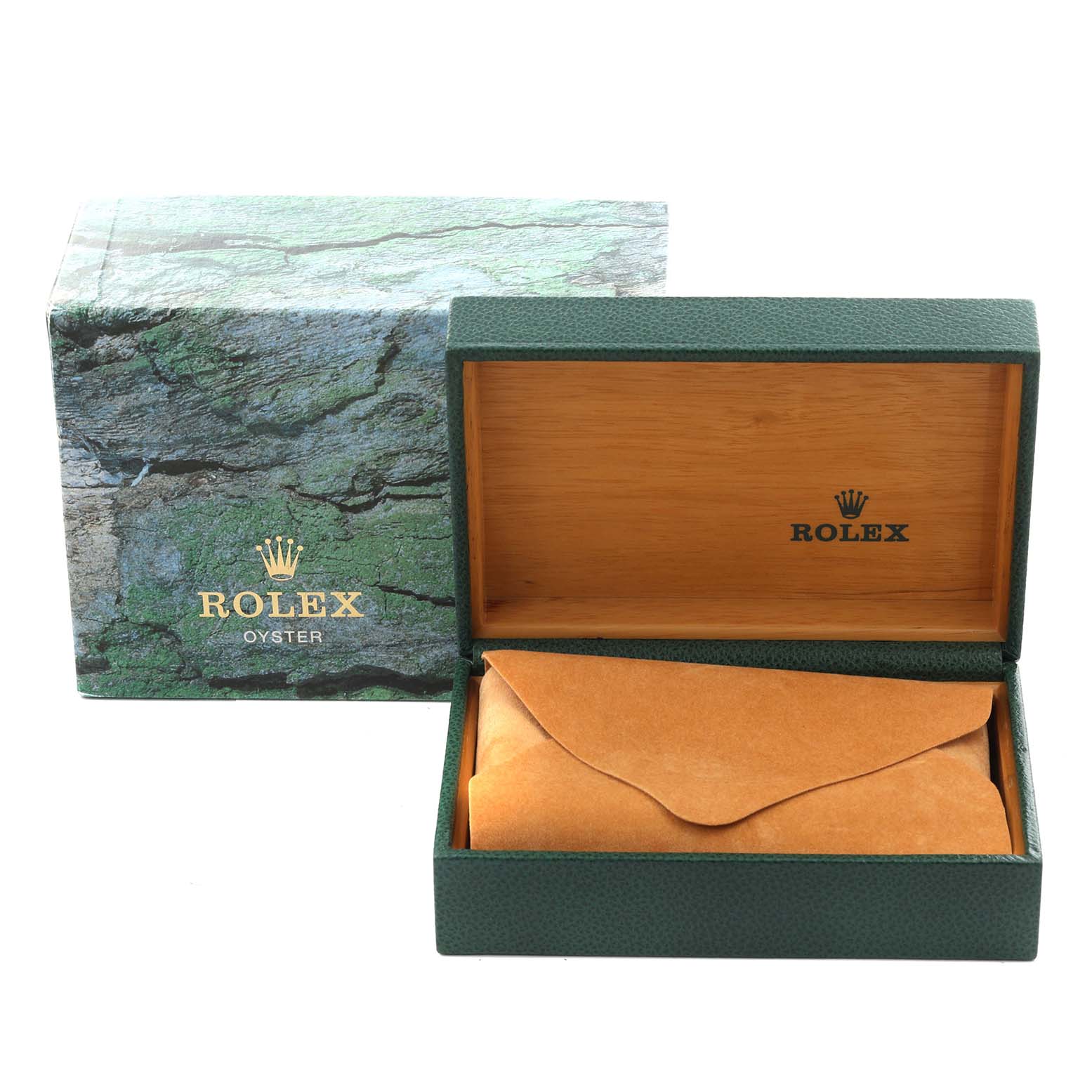 The image shows an open Rolex box for the Date model, displaying its interior and an outer box.