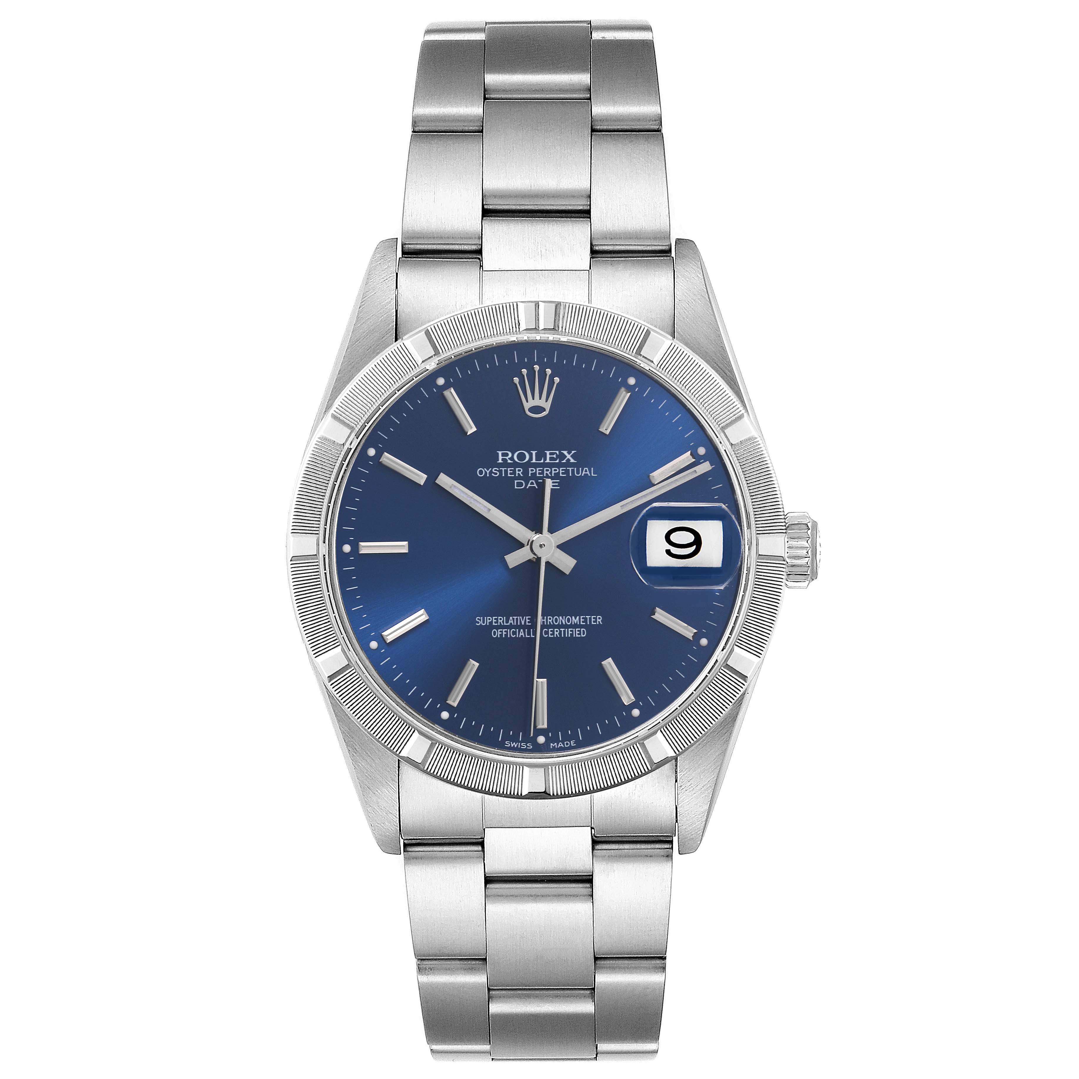 The image shows a frontal view of the Rolex Date 15210 Men's Stainless Steel Blue Dial 15210 Men's Stainless Steel Blue Dial watch, displaying the dial, bezel, bracelet, and date window.