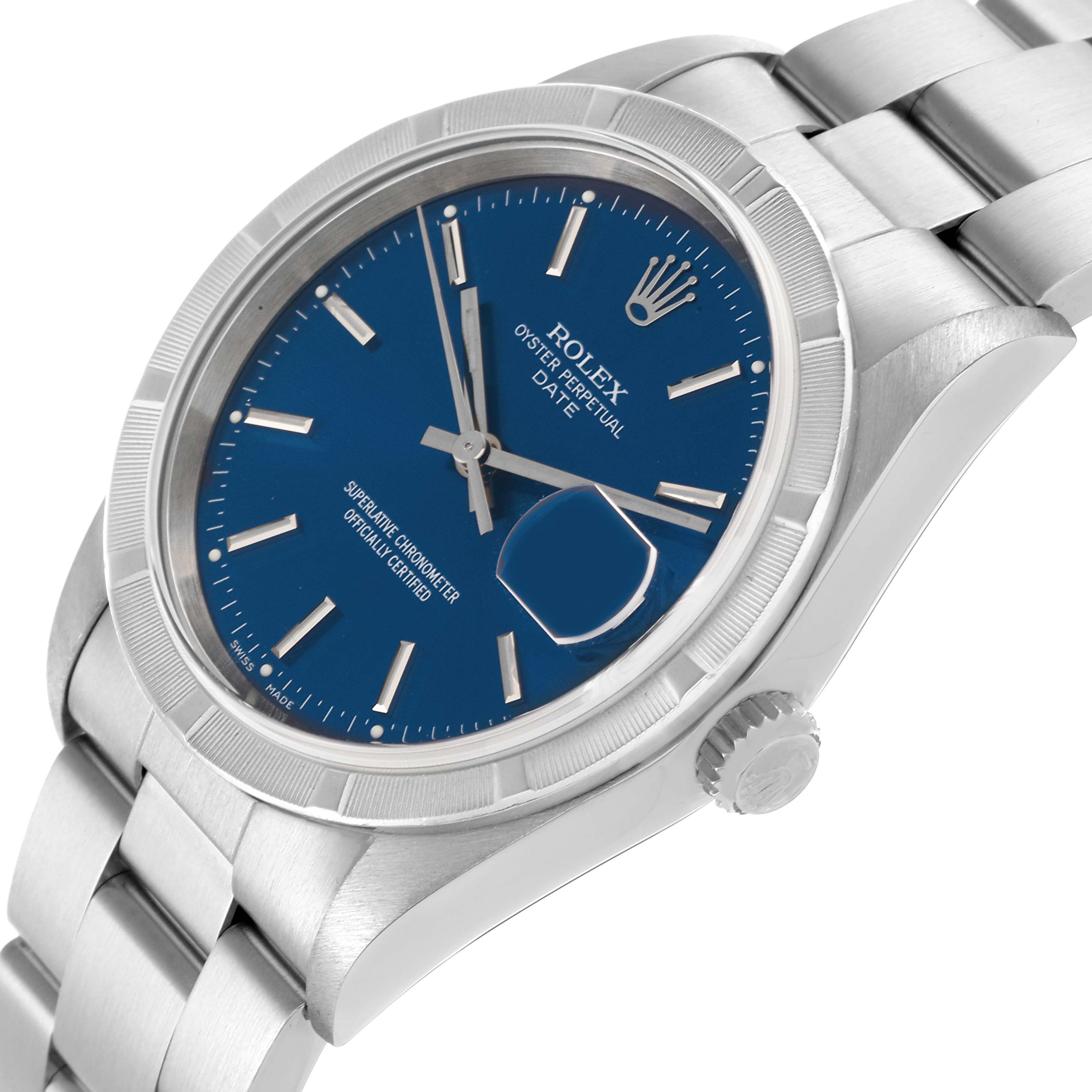 The Rolex Date 15210 Men's Stainless Steel Blue Dial 15210 Men's Stainless Steel Blue Dial model is shown at an angled view, highlighting the face, bezel, bracelet, and crown.
