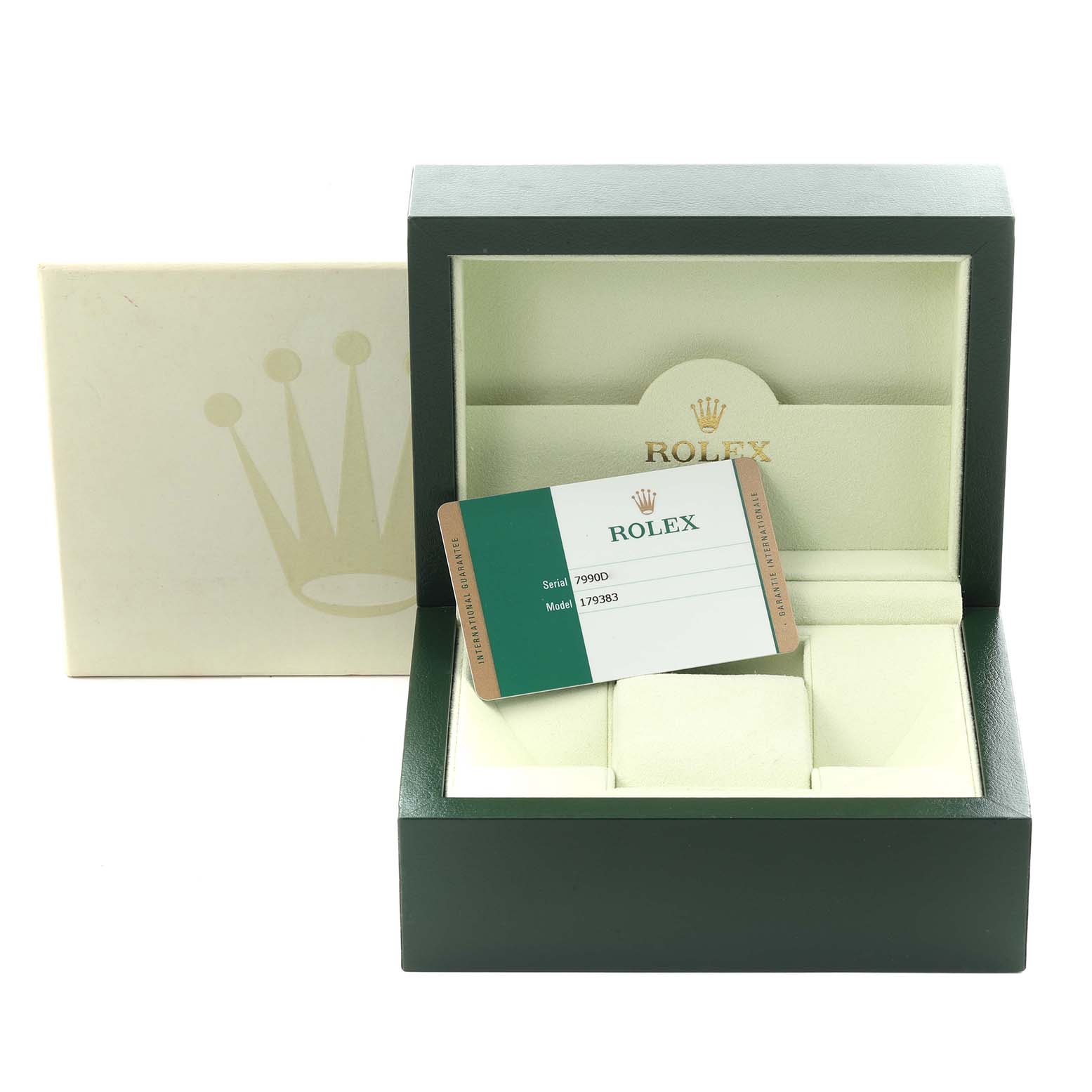 The image shows the Rolex Datejust 179383 Women's Steel and Gold (two tone) Champagne Dial 179383 Women's Steel and Gold (two tone) Champagne Dial box, cushioned interior, and authenticity card from a front angle.