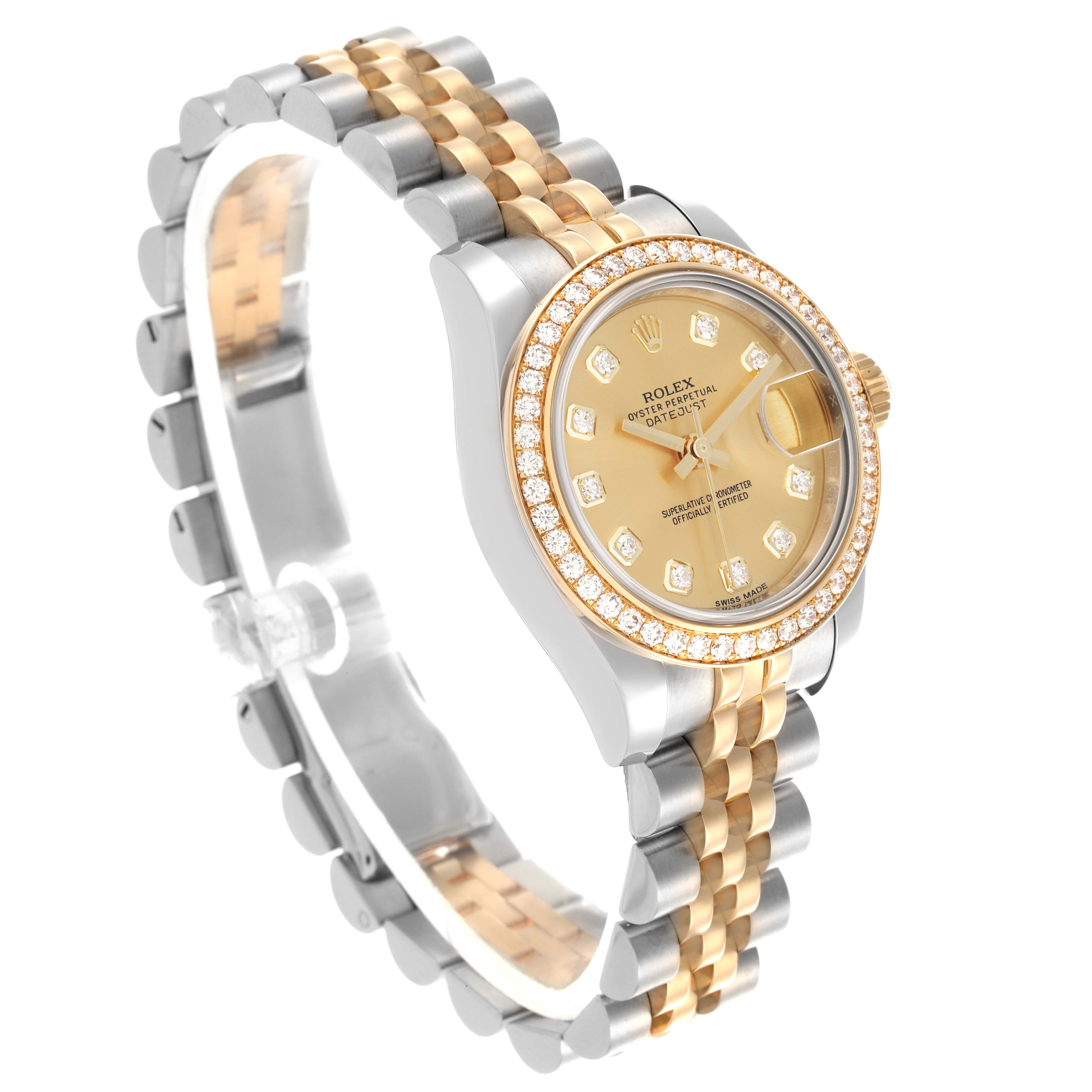 The Rolex Datejust 179383 Women's Steel and Gold (two tone) Champagne Dial 179383 Women's Steel and Gold (two tone) Champagne Dial watch is shown at a three-quarter angle, highlighting the bracelet, bezel, and dial.