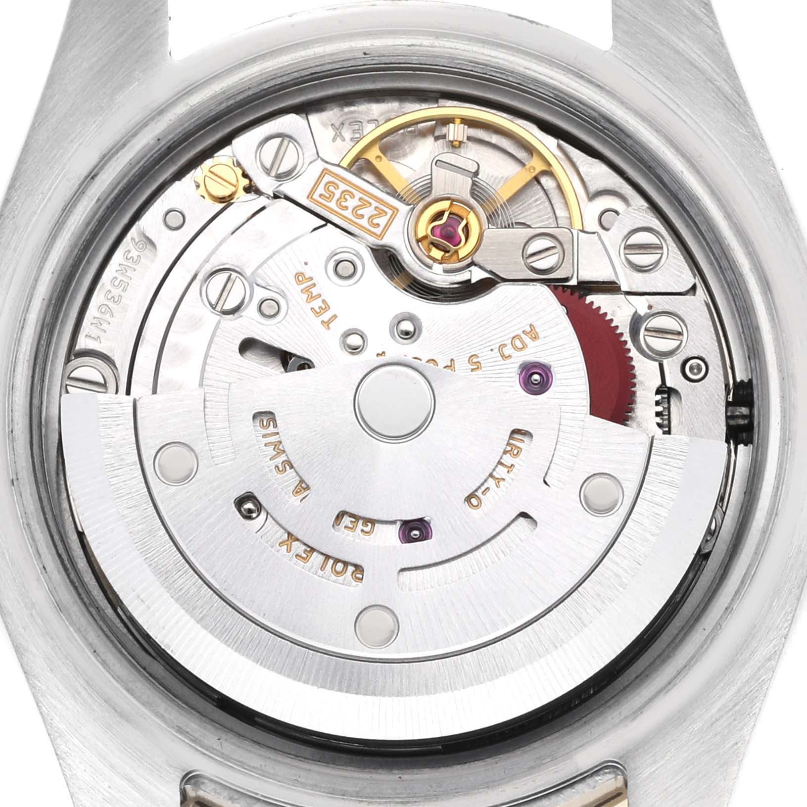 The image shows the back view of a Rolex Datejust 179383 Women's Steel and Gold (two tone) Champagne Dial 179383 Women's Steel and Gold (two tone) Champagne Dial watch, highlighting its intricate movement mechanism.