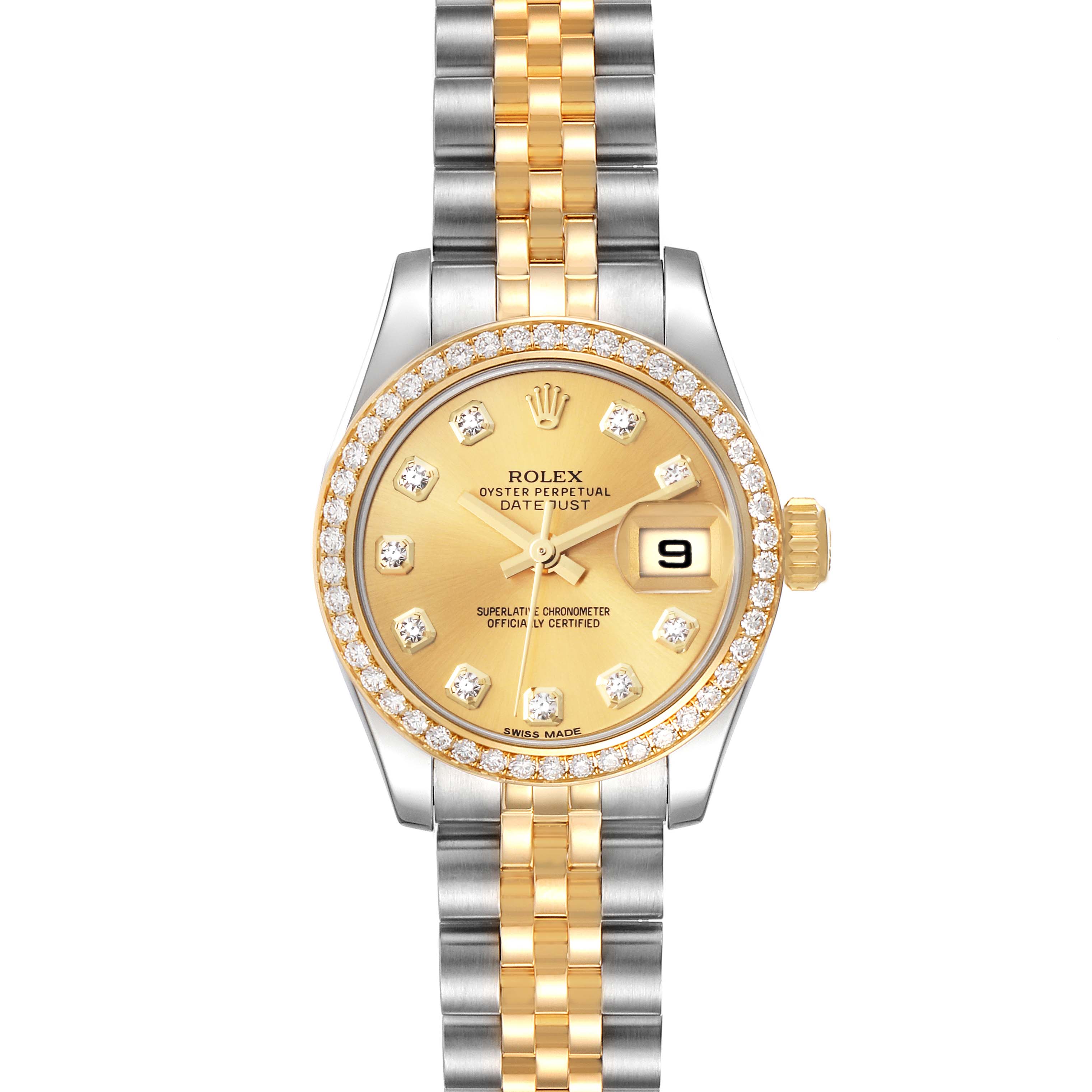 The Rolex Datejust 179383 Women's Steel and Gold (two tone) Champagne Dial 179383 Women's Steel and Gold (two tone) Champagne Dial watch is shown from the front, displaying its gold and silver bracelet, diamond-set bezel, and date feature.