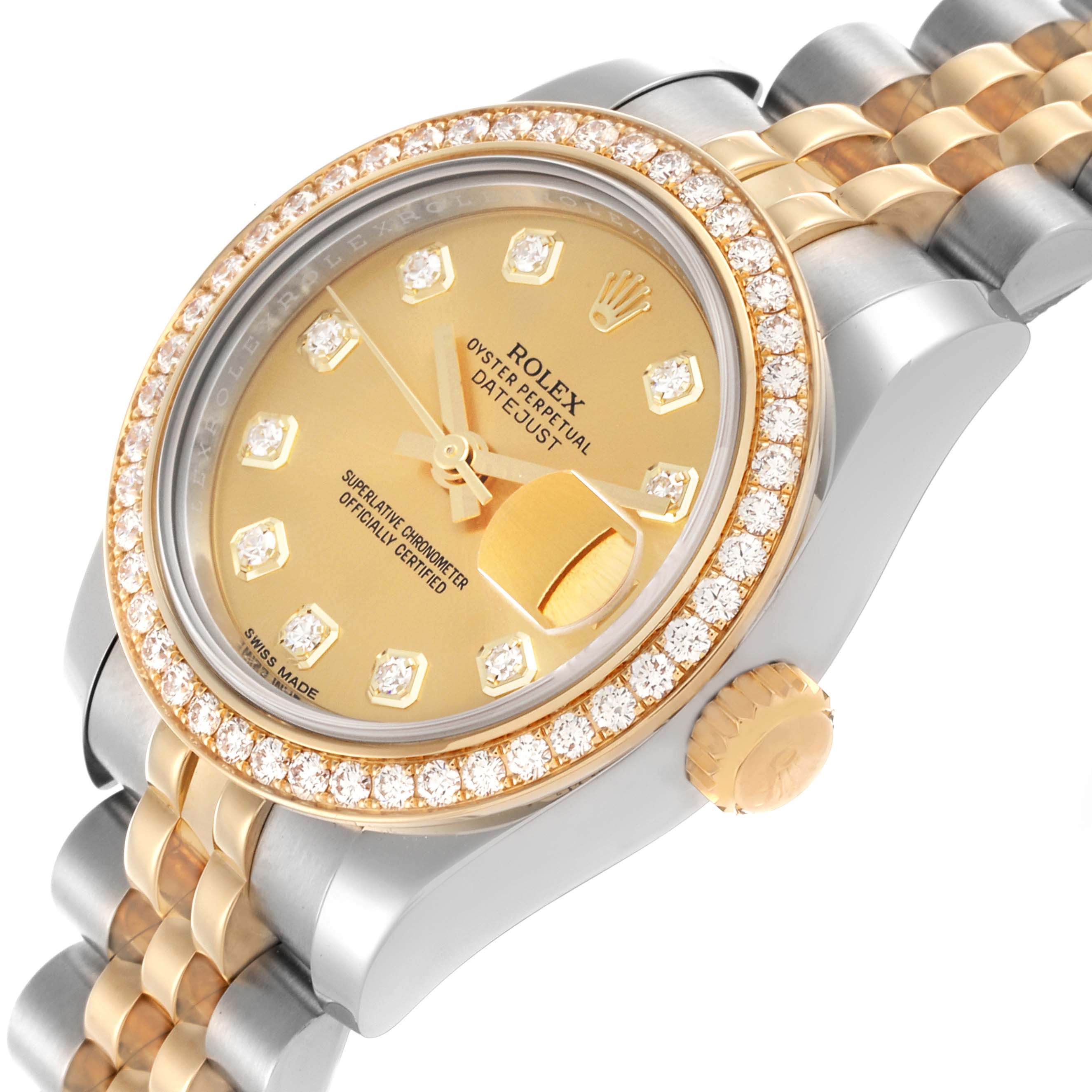 The Rolex Datejust 179383 Women's Steel and Gold (two tone) Champagne Dial 179383 Women's Steel and Gold (two tone) Champagne Dial watch is shown from an angled top view, highlighting the bezel, dial, and Jubilee bracelet.