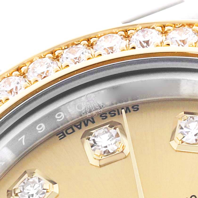 The image shows a close-up of a Rolex Datejust 179383 Women's Steel and Gold (two tone) Champagne Dial 179383 Women's Steel and Gold (two tone) Champagne Dial watch, highlighting the diamond-set bezel and part of the dial.