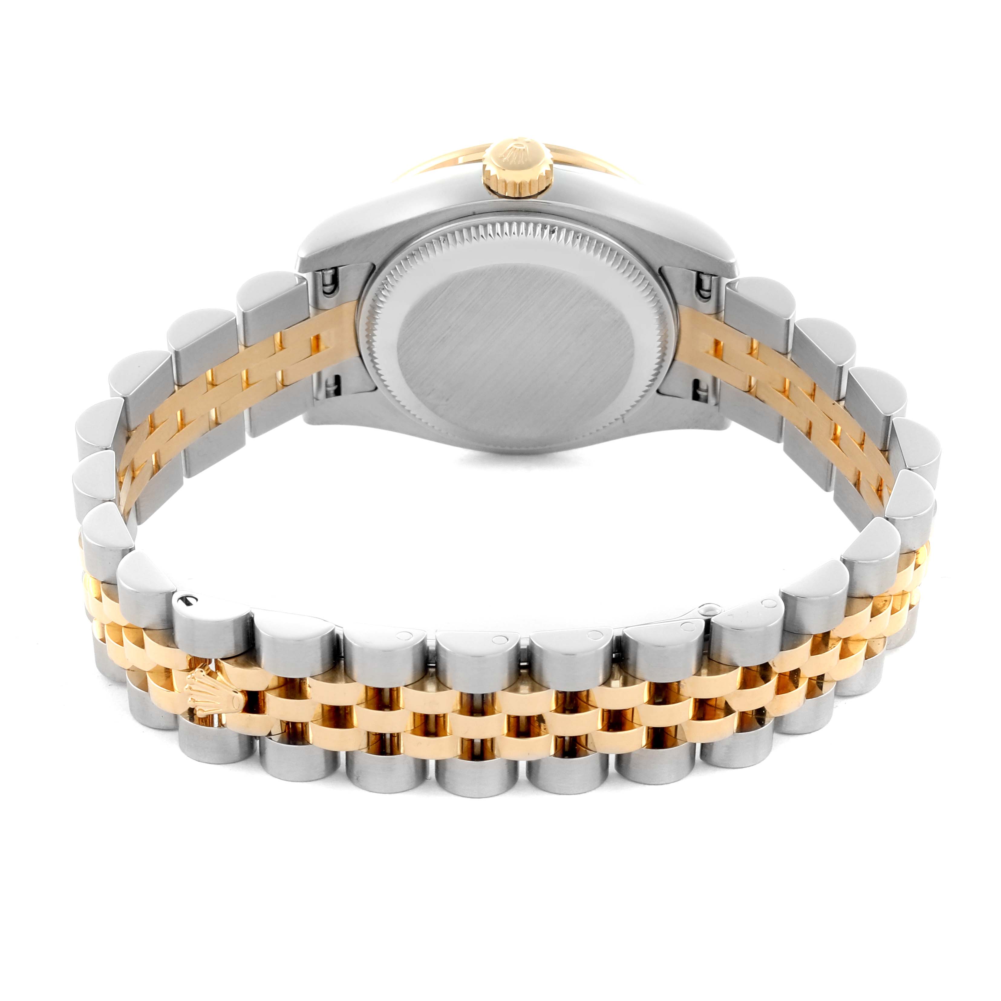 The image shows the back case and jubilee bracelet of a Rolex Datejust 179383 Women's Steel and Gold (two tone) Champagne Dial 179383 Women's Steel and Gold (two tone) Champagne Dial watch from a rear angle.