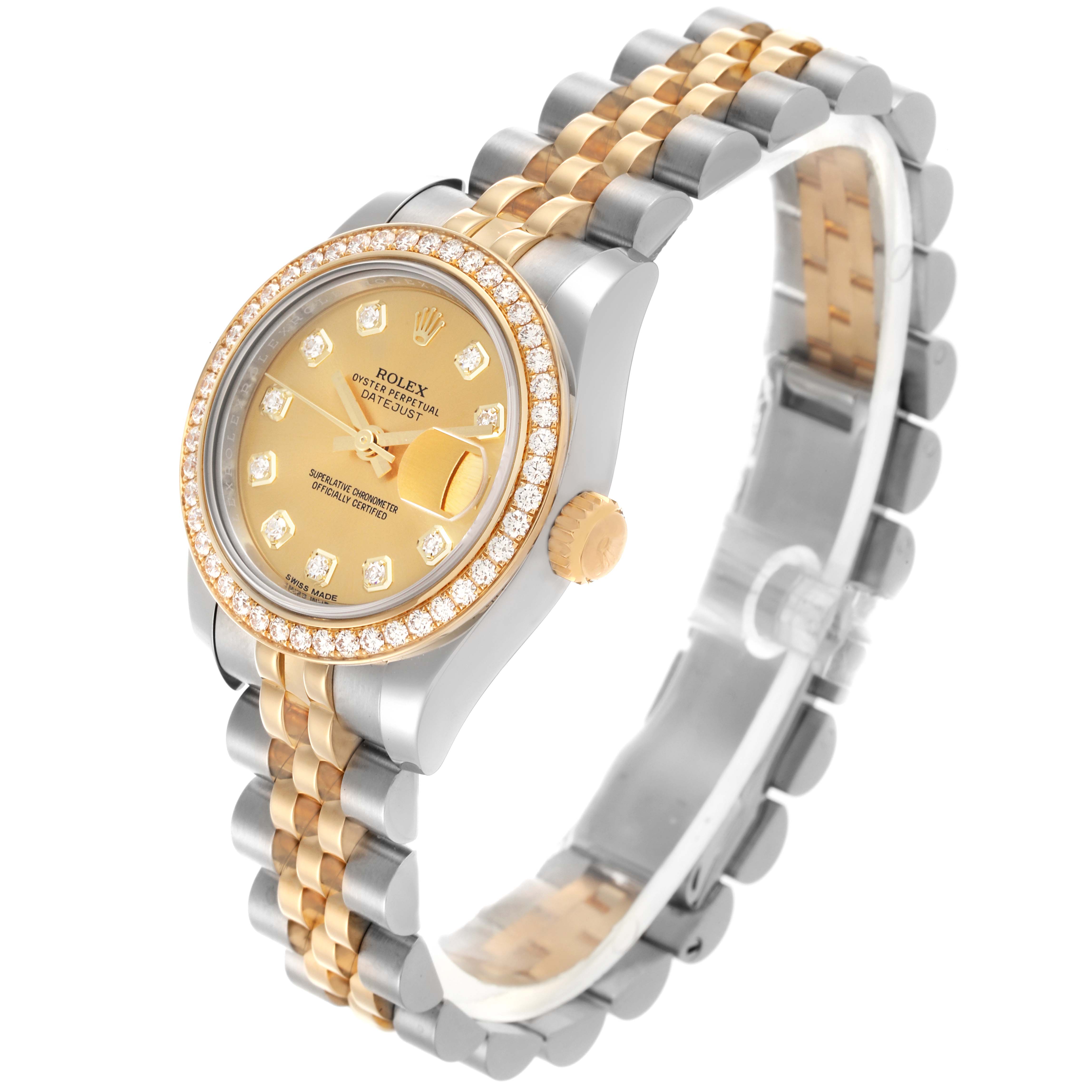 The Rolex Datejust 179383 Women's Steel and Gold (two tone) Champagne Dial 179383 Women's Steel and Gold (two tone) Champagne Dial is shown at an angled view, displaying the face, bezel, crown, and part of the bracelet.