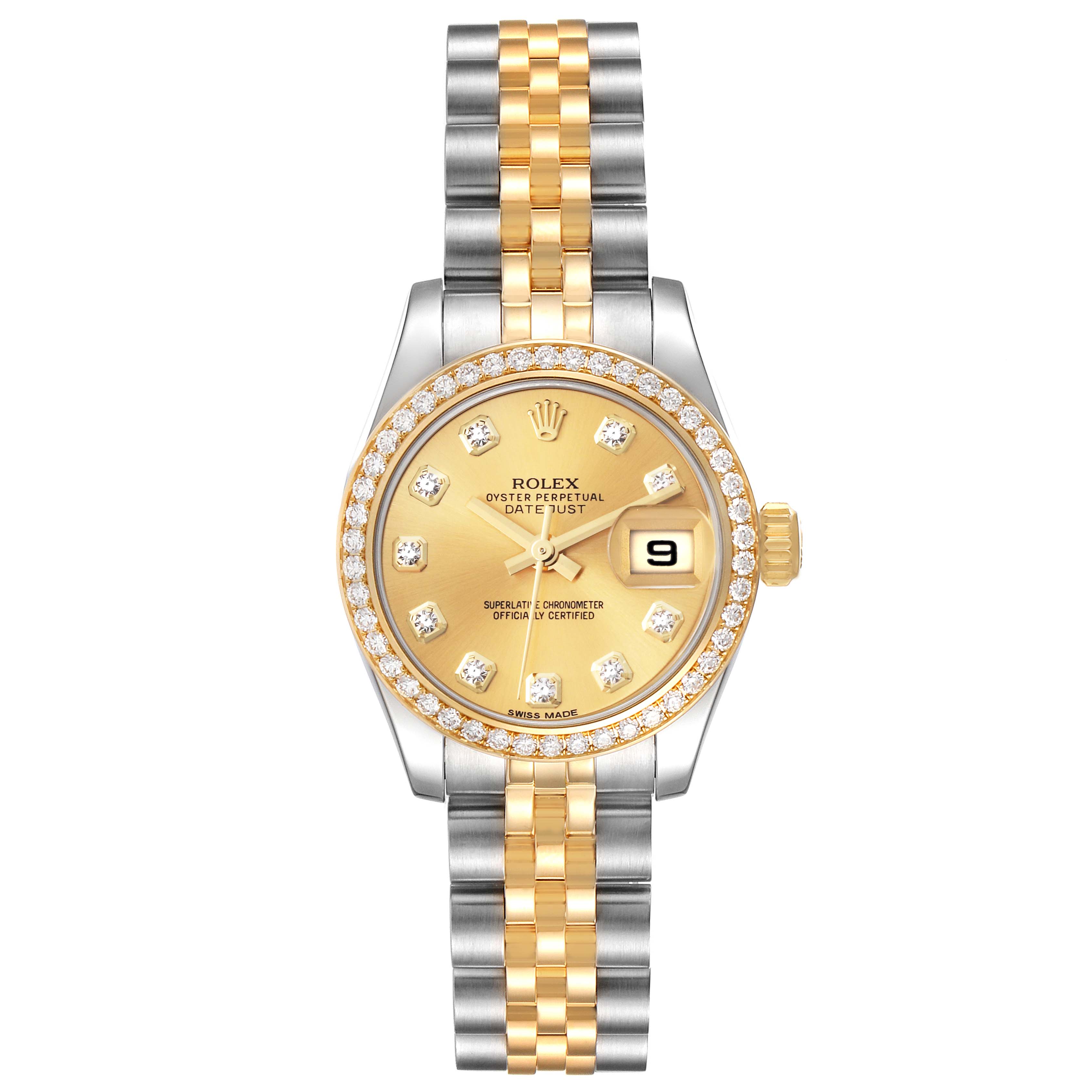 The Rolex Datejust 179383 Women's Steel and Gold (two tone) Champagne Dial 179383 Women's Steel and Gold (two tone) Champagne Dial watch is shown from the front, highlighting its gold dial, diamond markers, and two-tone Jubilee bracelet.