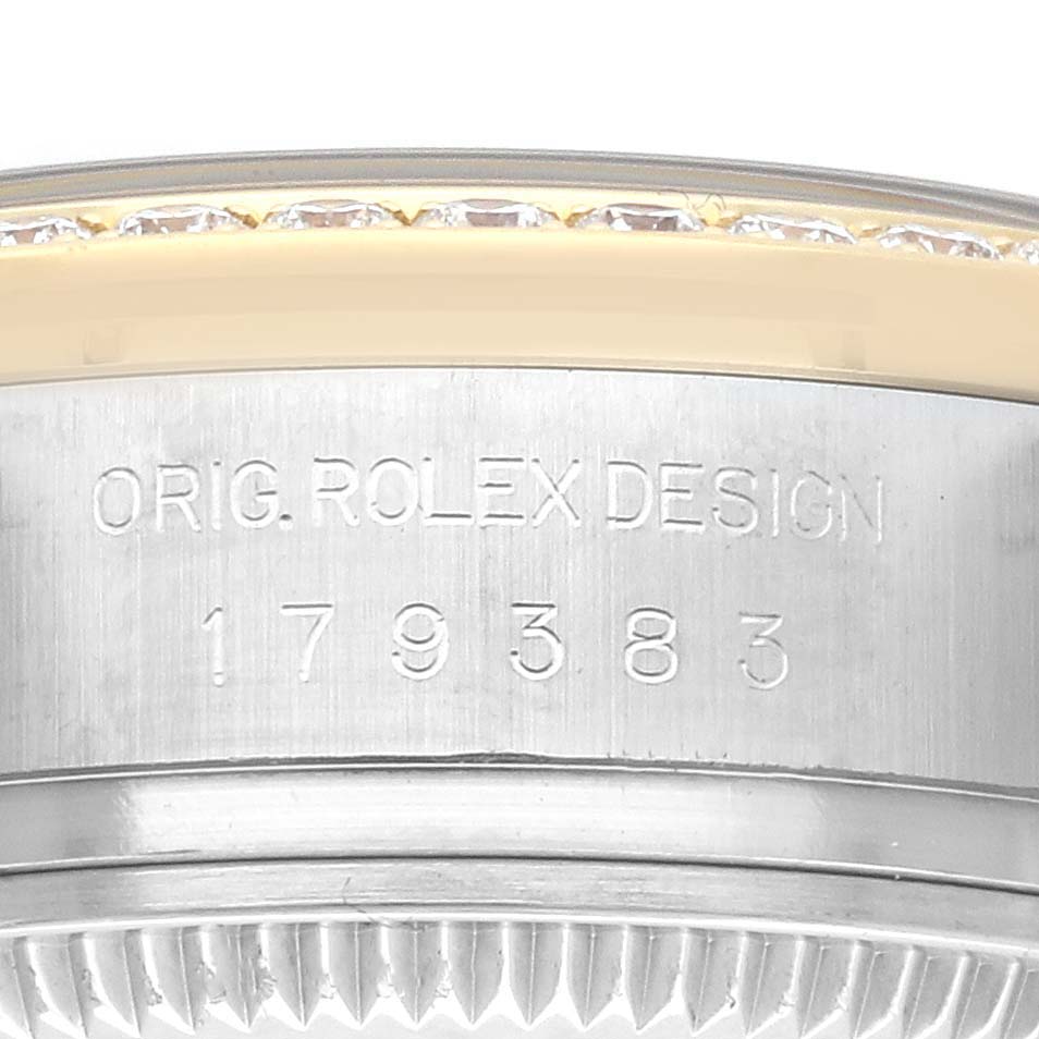 This image shows a close-up of the side of a Rolex Datejust 179383 Women's Steel and Gold (two tone) Champagne Dial 179383 Women's Steel and Gold (two tone) Champagne Dial, highlighting the model number and original design engraving.