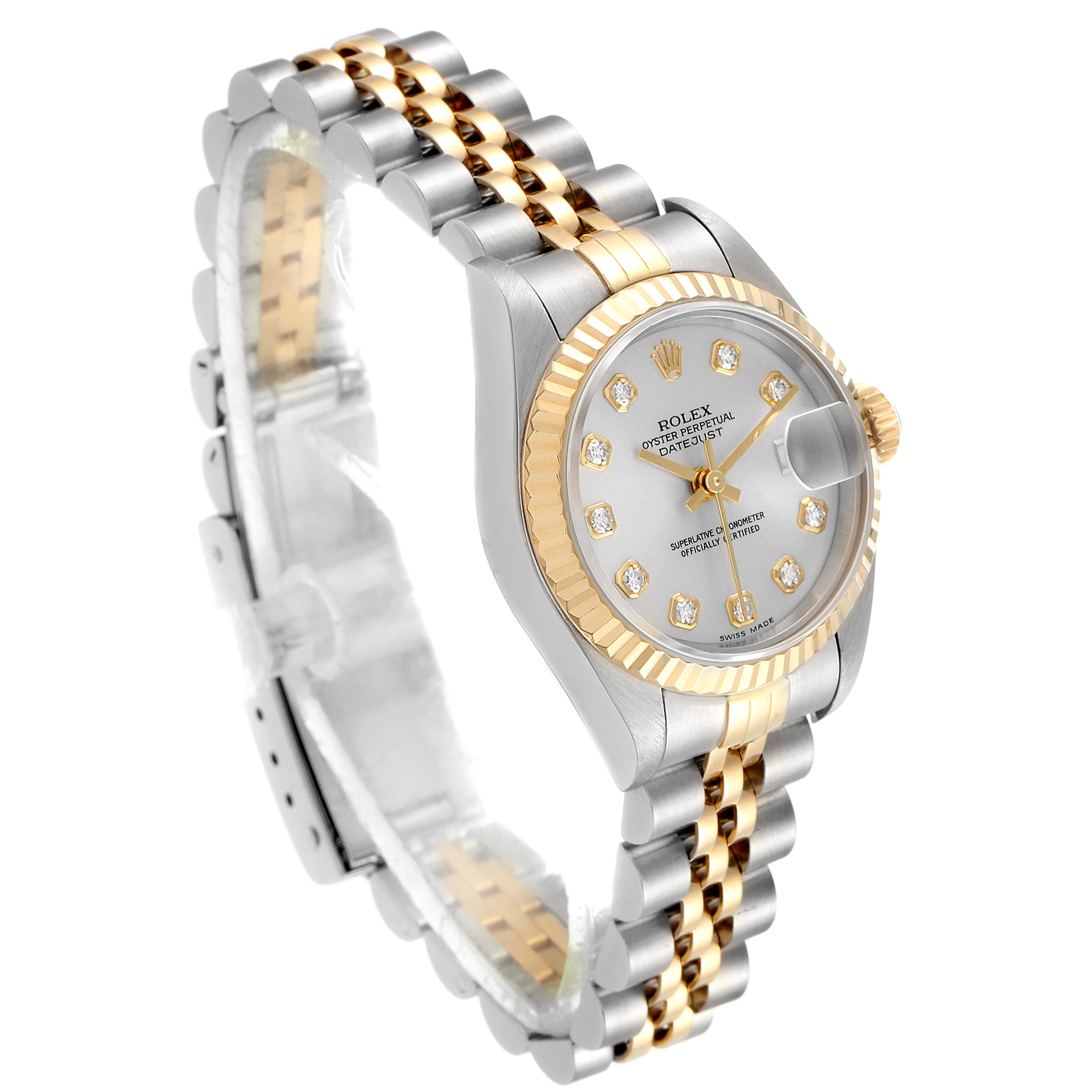 The image shows a Rolex Datejust 79173 Women's Steel and Gold (two tone) Silver Dial 79173 Women's Steel and Gold (two tone) Silver Dial watch from an angled view, highlighting its dial, bezel, and two-tone bracelet.