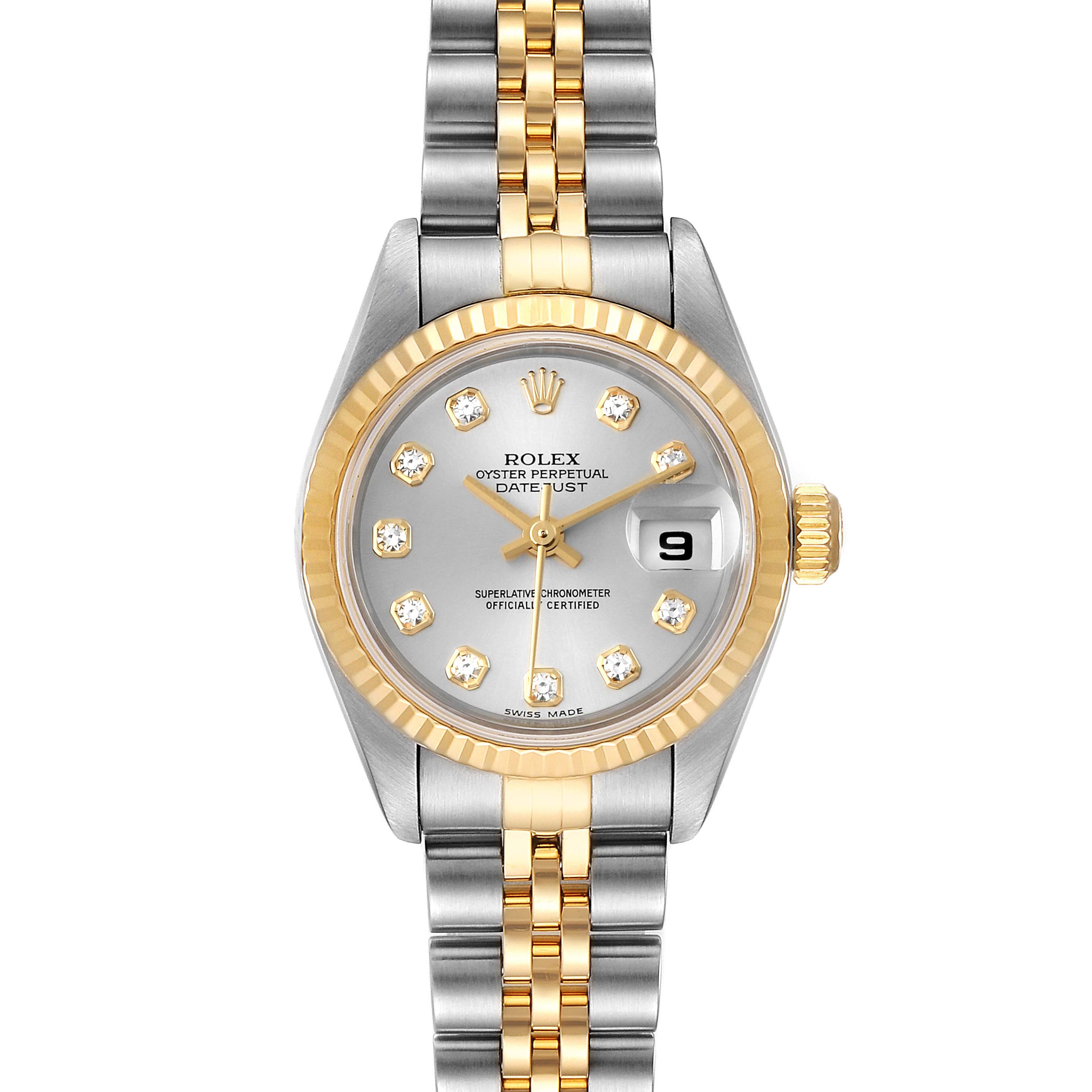 The Rolex Datejust 79173 Women's Steel and Gold (two tone) Silver Dial 79173 Women's Steel and Gold (two tone) Silver Dial watch is shown from a top-down angle, displaying the dial, bezel, crown, and bracelet.